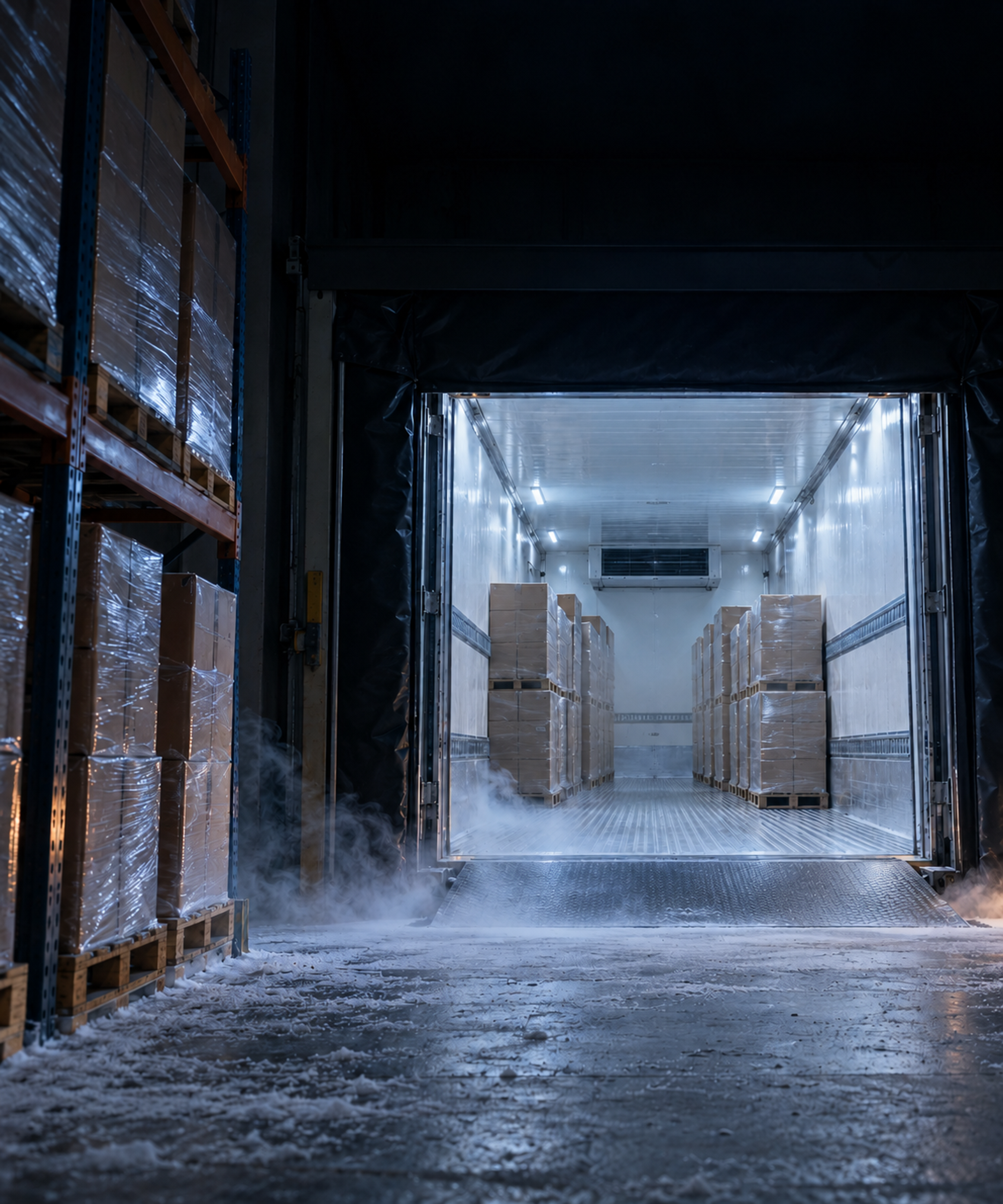 Photograph: a cold store interior with a vehicle at the bay. Dark and cool, room at the top, no text in the artwork.