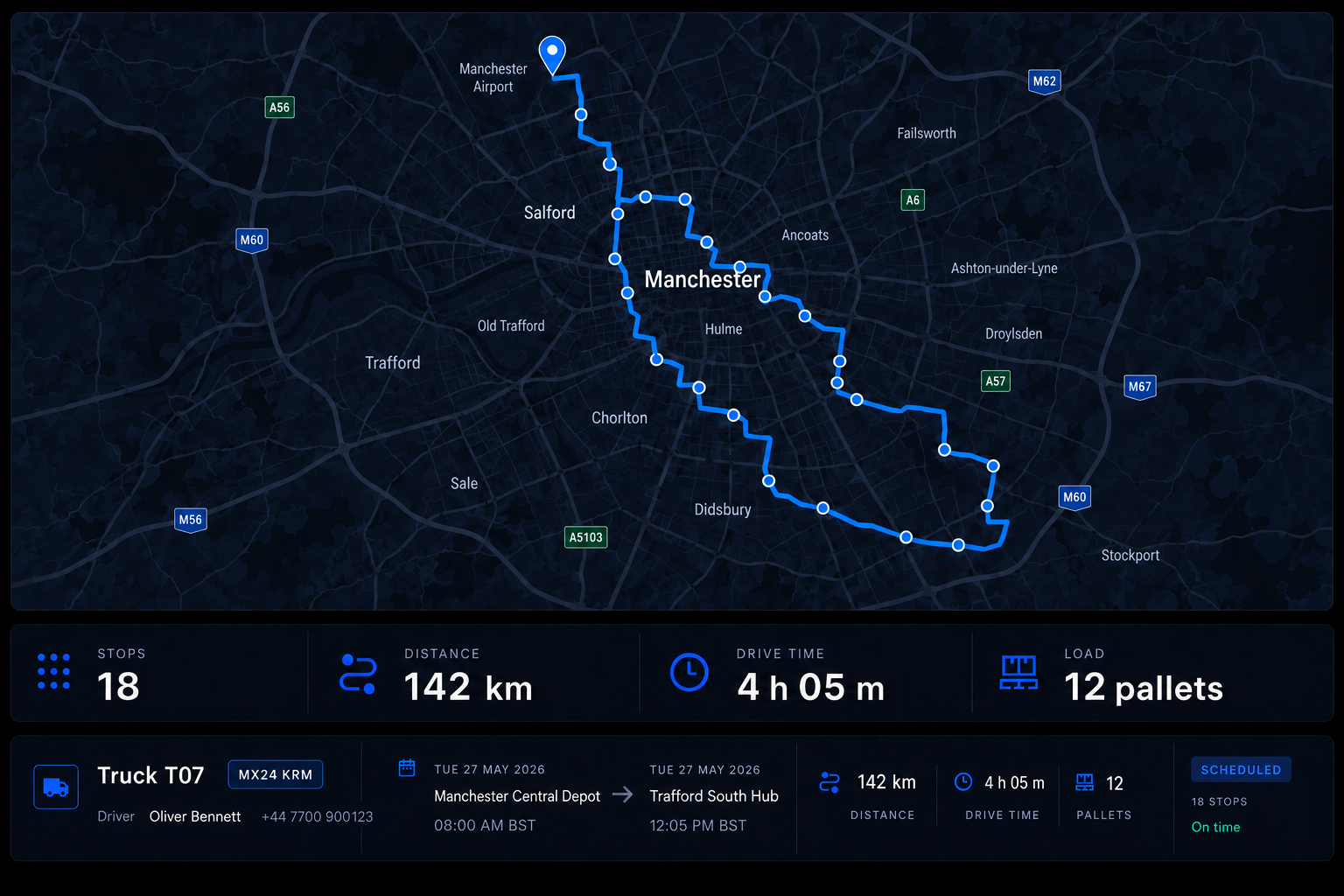 Route summary panel: the route drawn on a map above its four headline figures. 16:9, dark UI.
