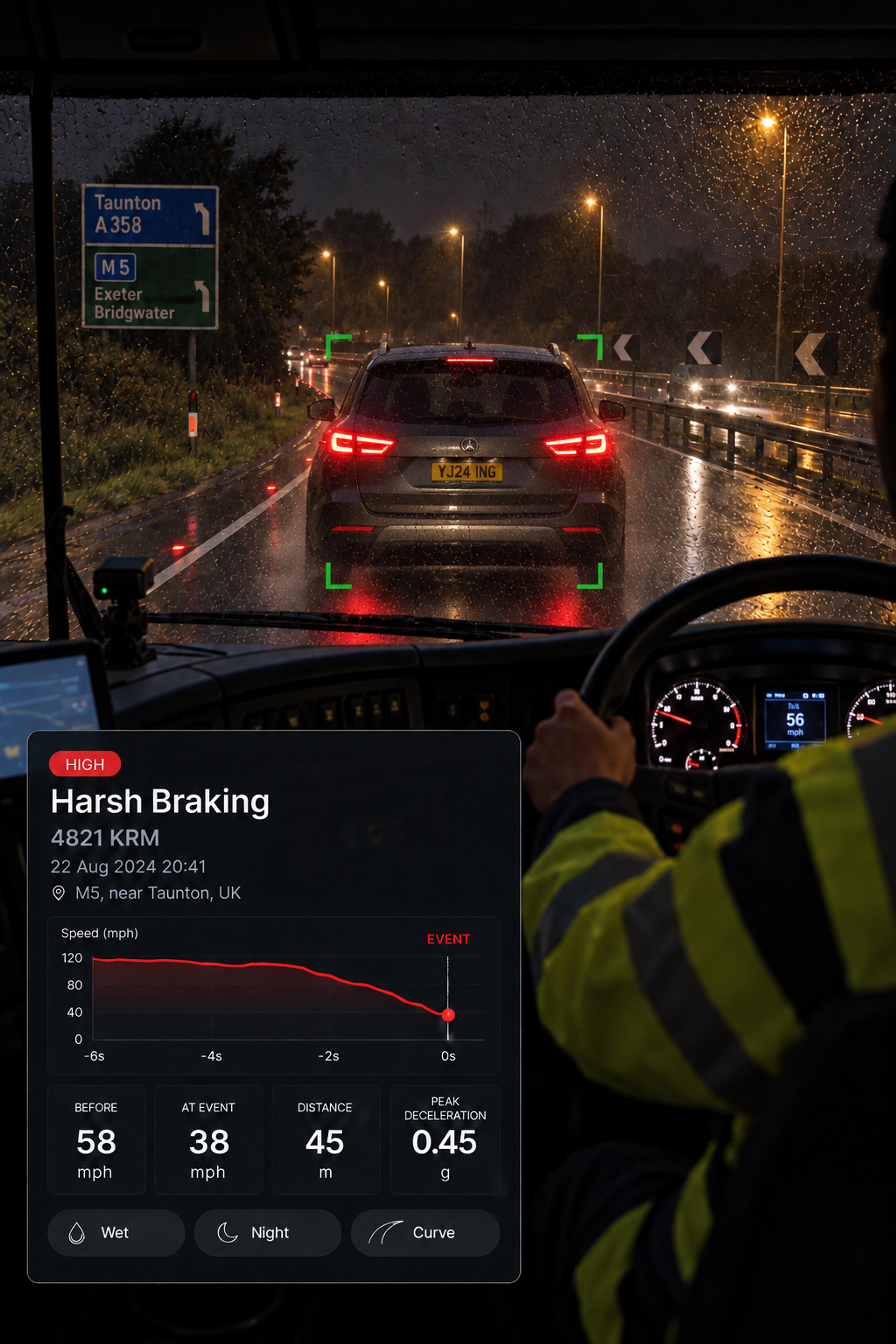 Photograph: a wet motorway from a road-facing viewpoint in rain, brake lights ahead. Portrait 3:4, dark and cool, room at the top for a heading, no text in the artwork.