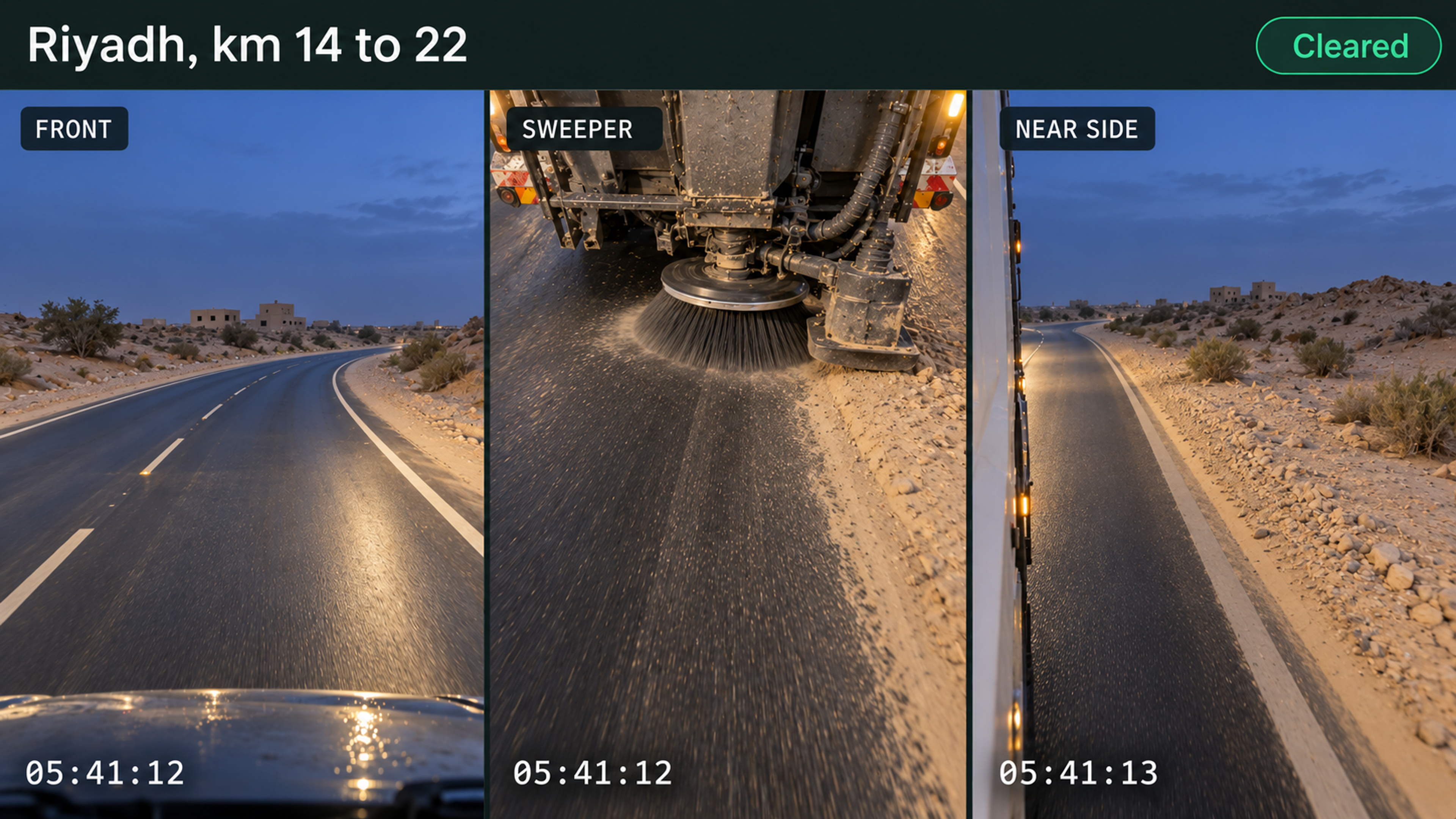 Service verification: front road, spreader and near-side camera views with timestamps.