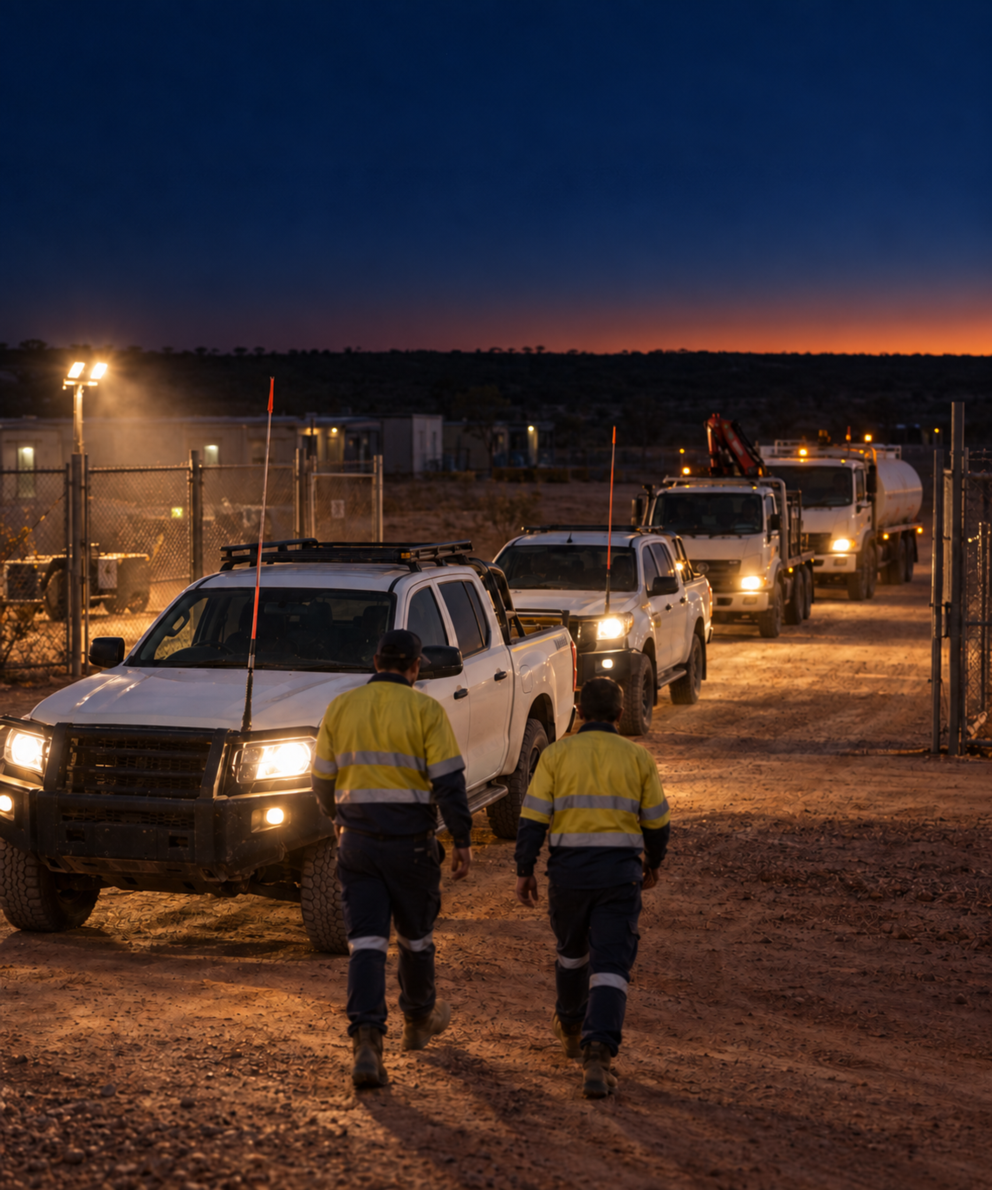 Photograph: vehicles staged in a yard at dawn before a run. Dark and cool, room at the top, no badges or text in the artwork.