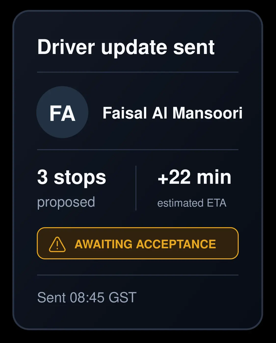 Driver update sent, awaiting acceptance. 4:3, dark UI.