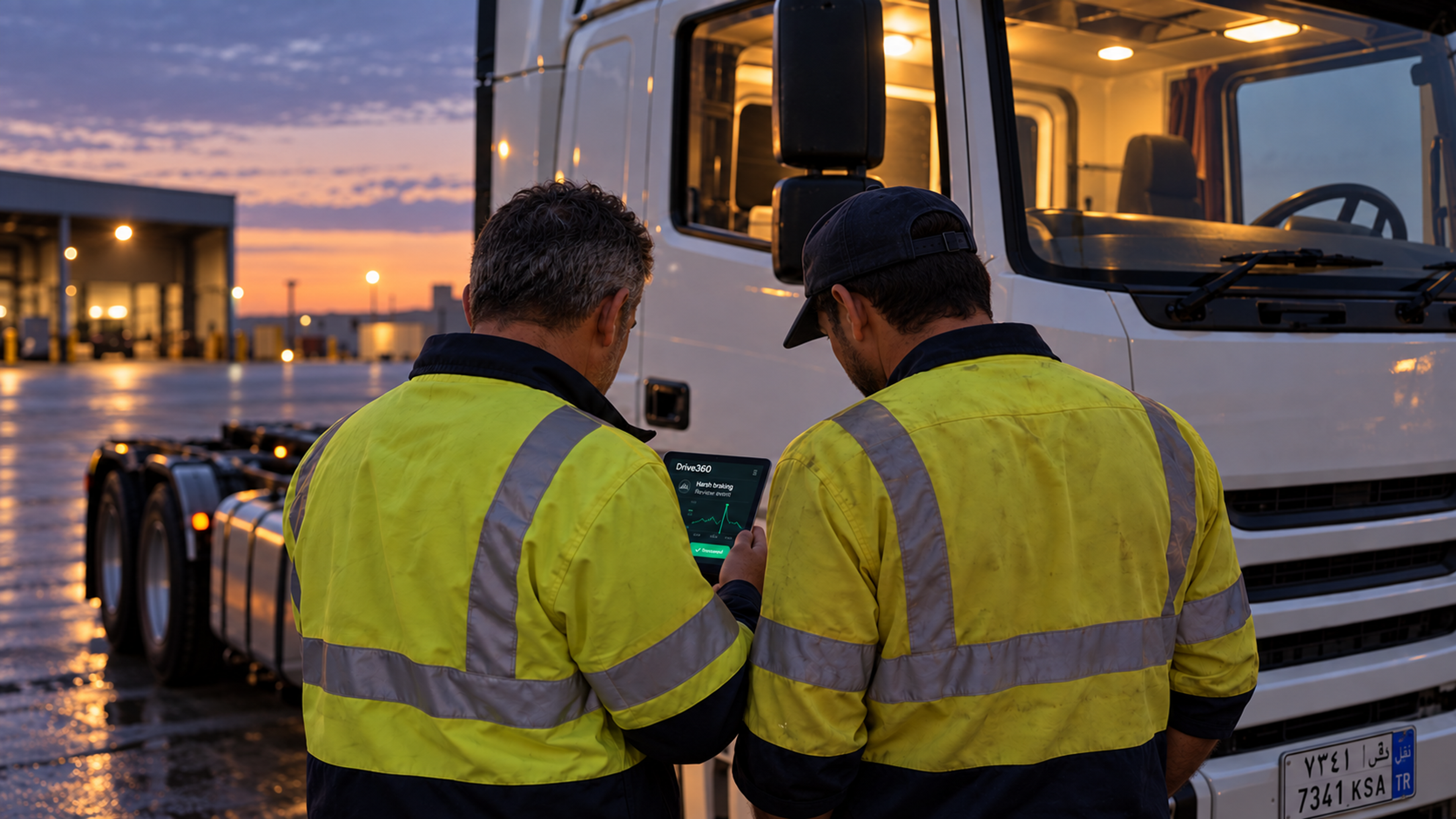 Editorial image: a depot debrief at dawn. No text in the artwork.