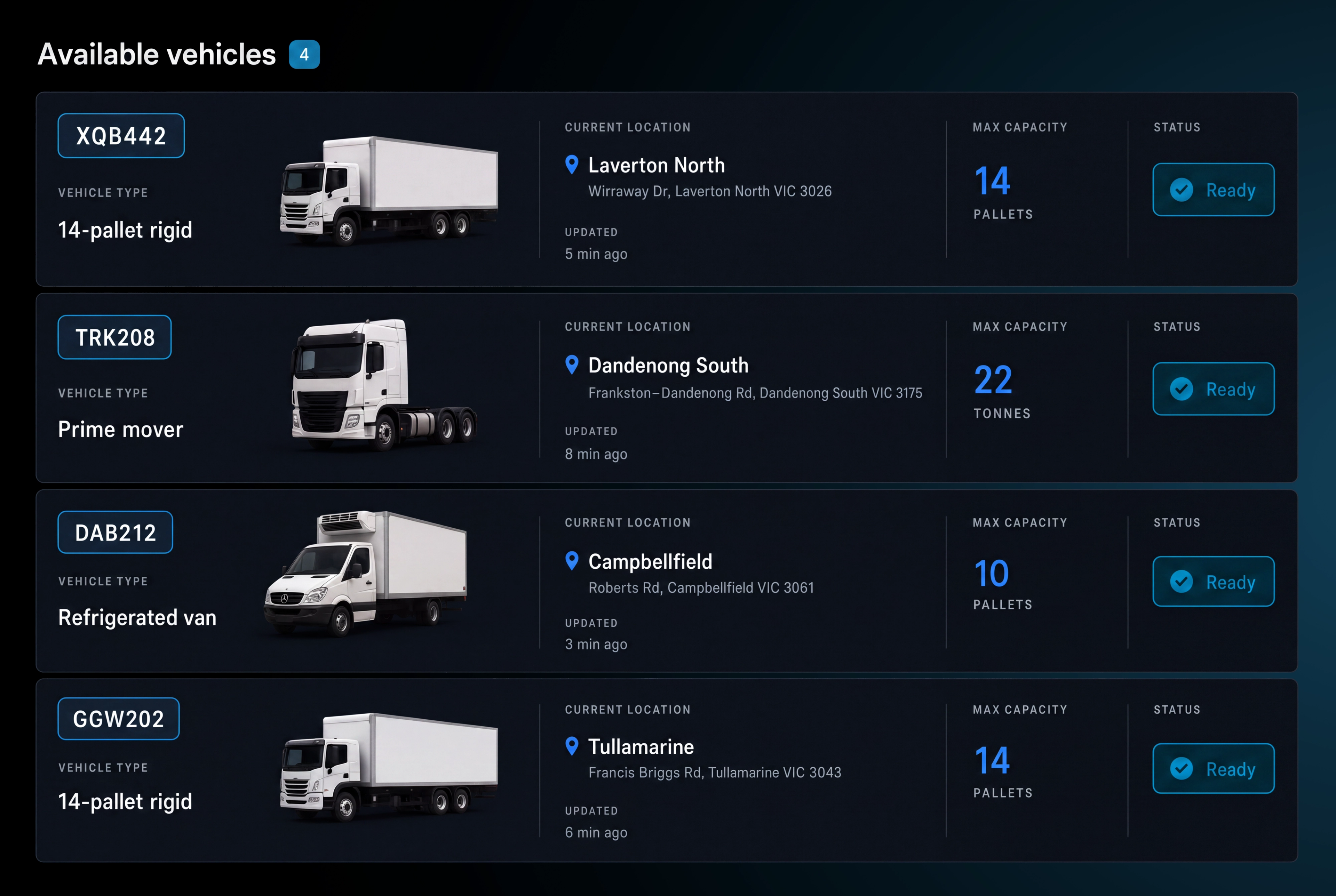 Available vehicles column with four vehicle cards. 4:3, dark UI.
