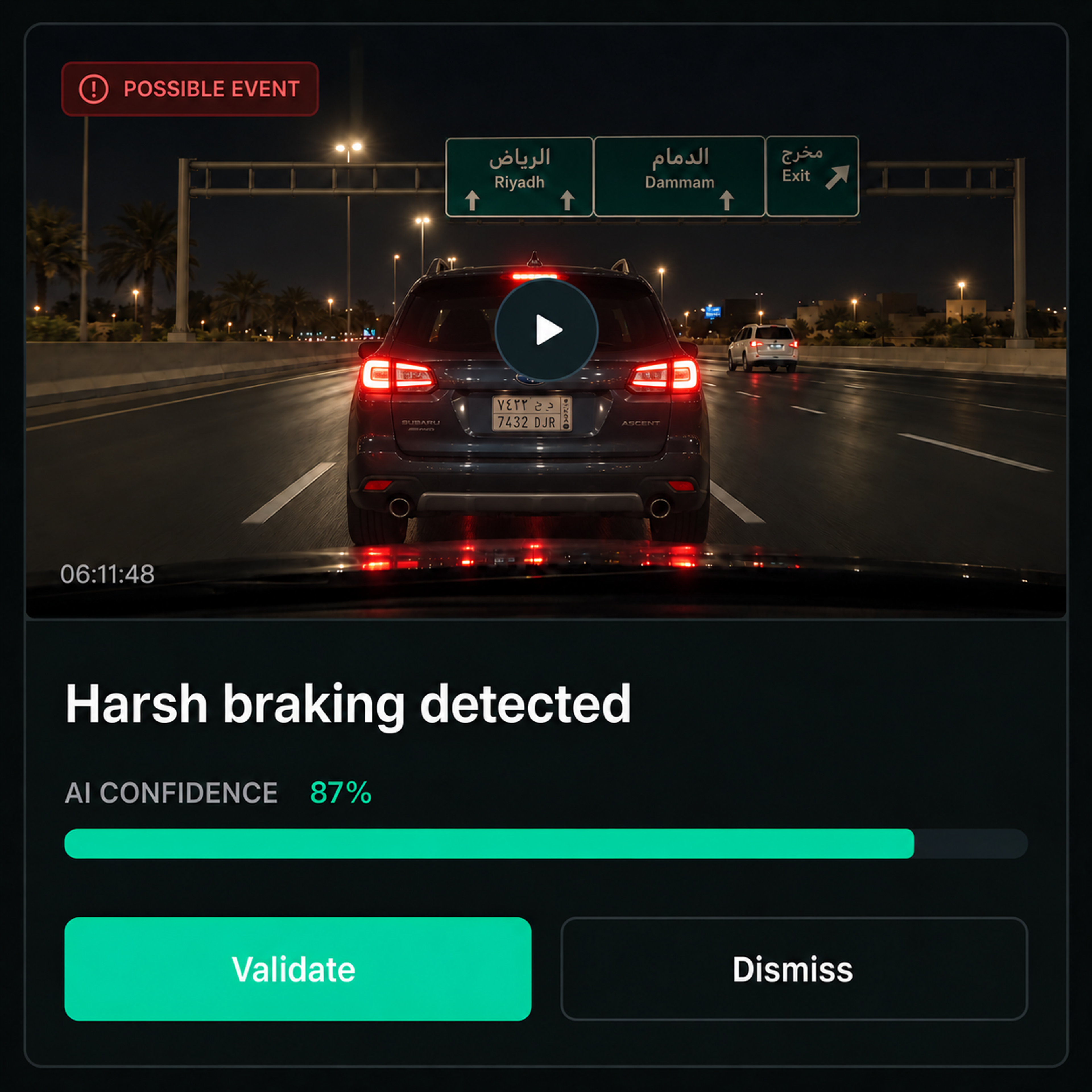 A possible event awaiting validation, with the clip and AI confidence beside it.