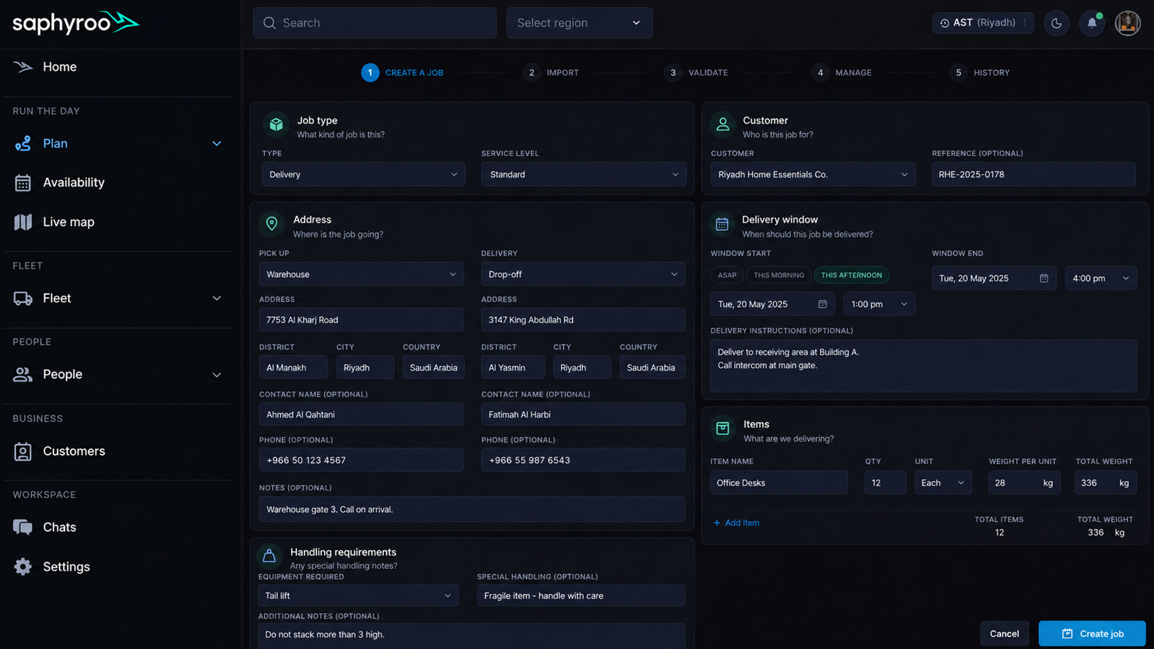 Job creation form: type, customer, address, window, items and requirements across one panel. 16:9, dark UI.