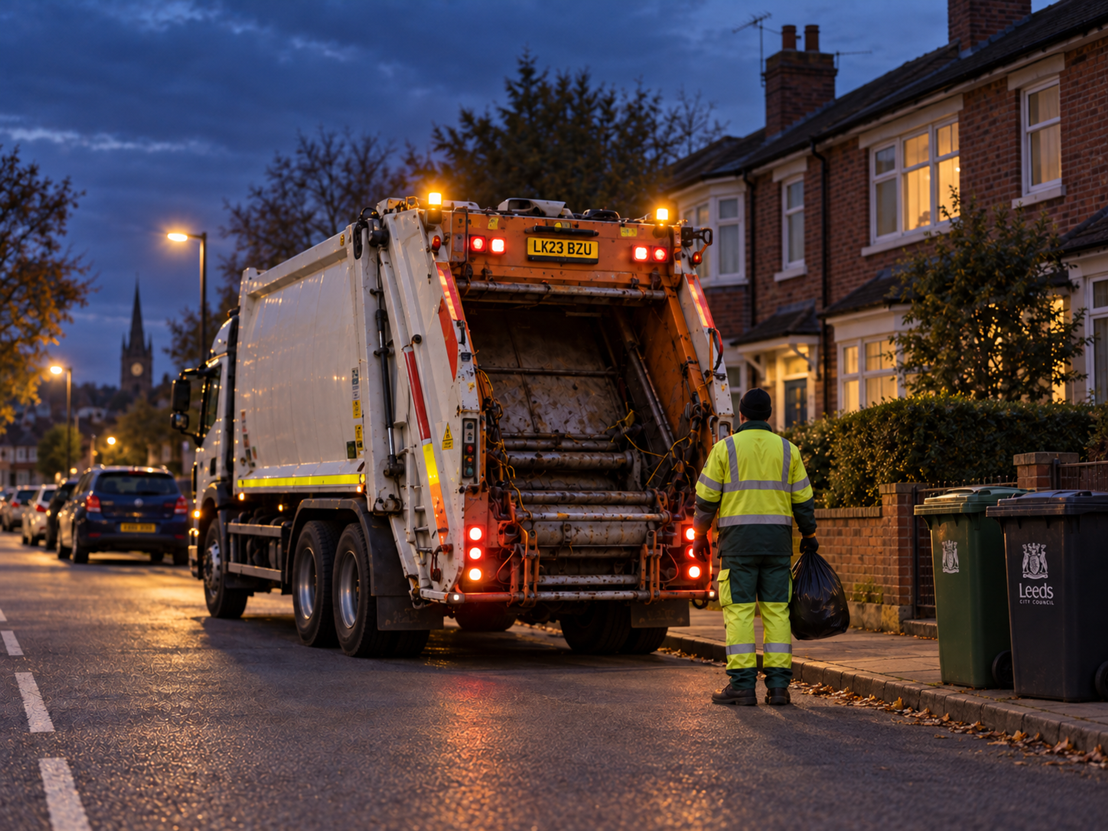 Photograph: a waste collection vehicle on a residential round early morning. Dark and cool, no text in the artwork.
