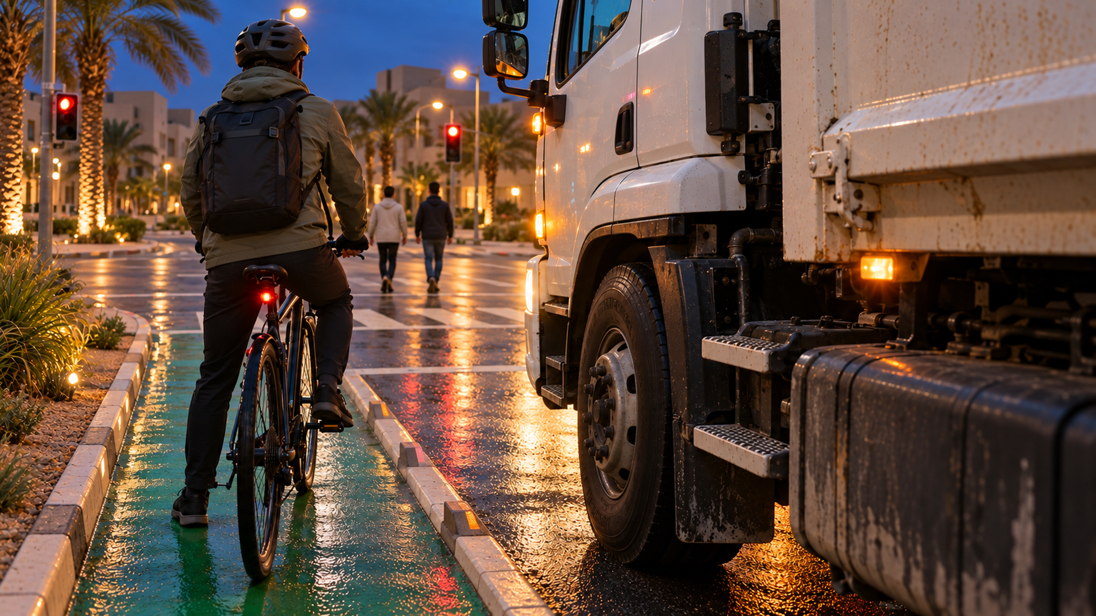 Editorial image: a working vehicle on a busy street at dusk. No text in the artwork.