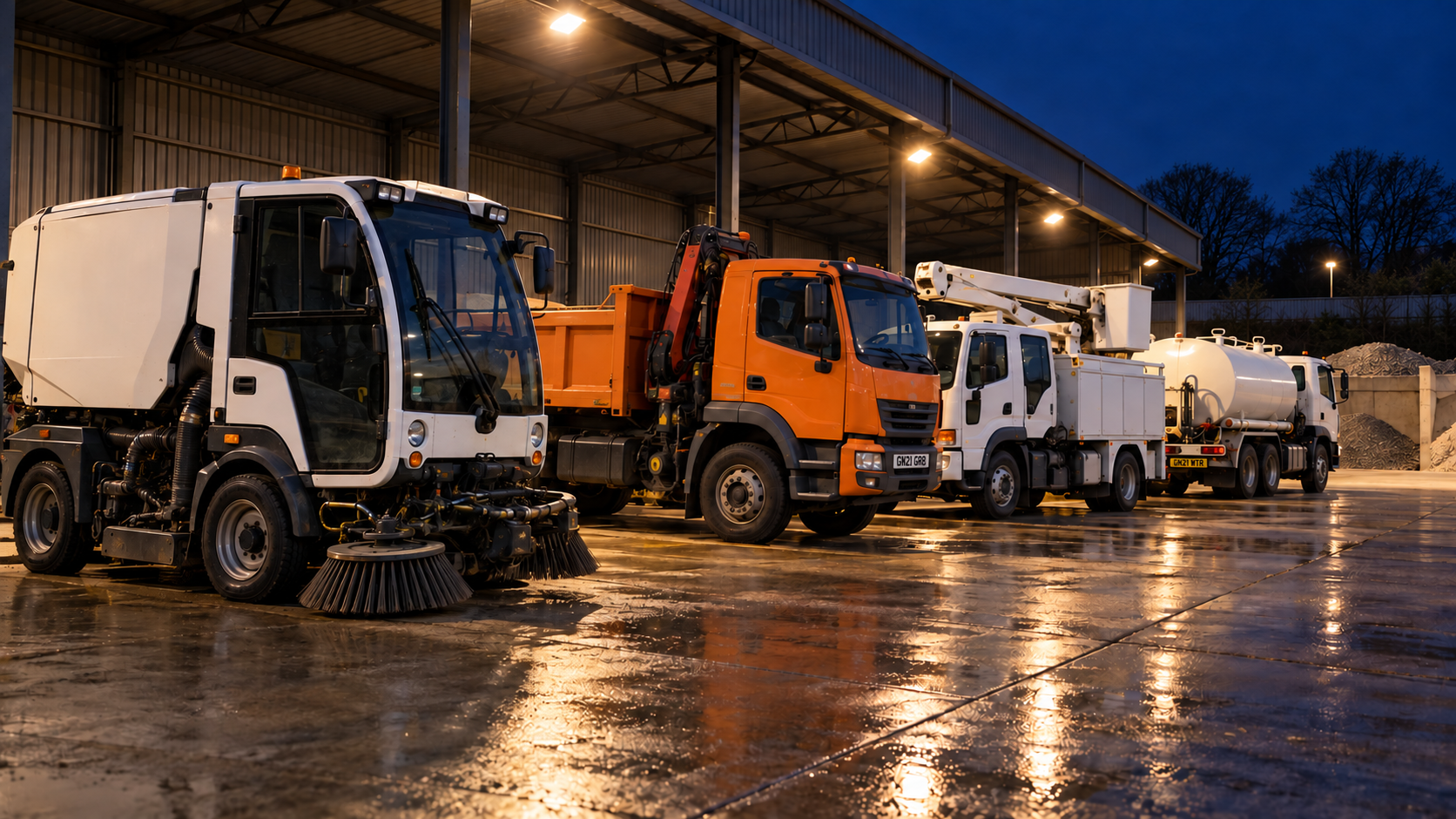 Editorial image: a depot yard at night with specialist vehicles. No text in the artwork.