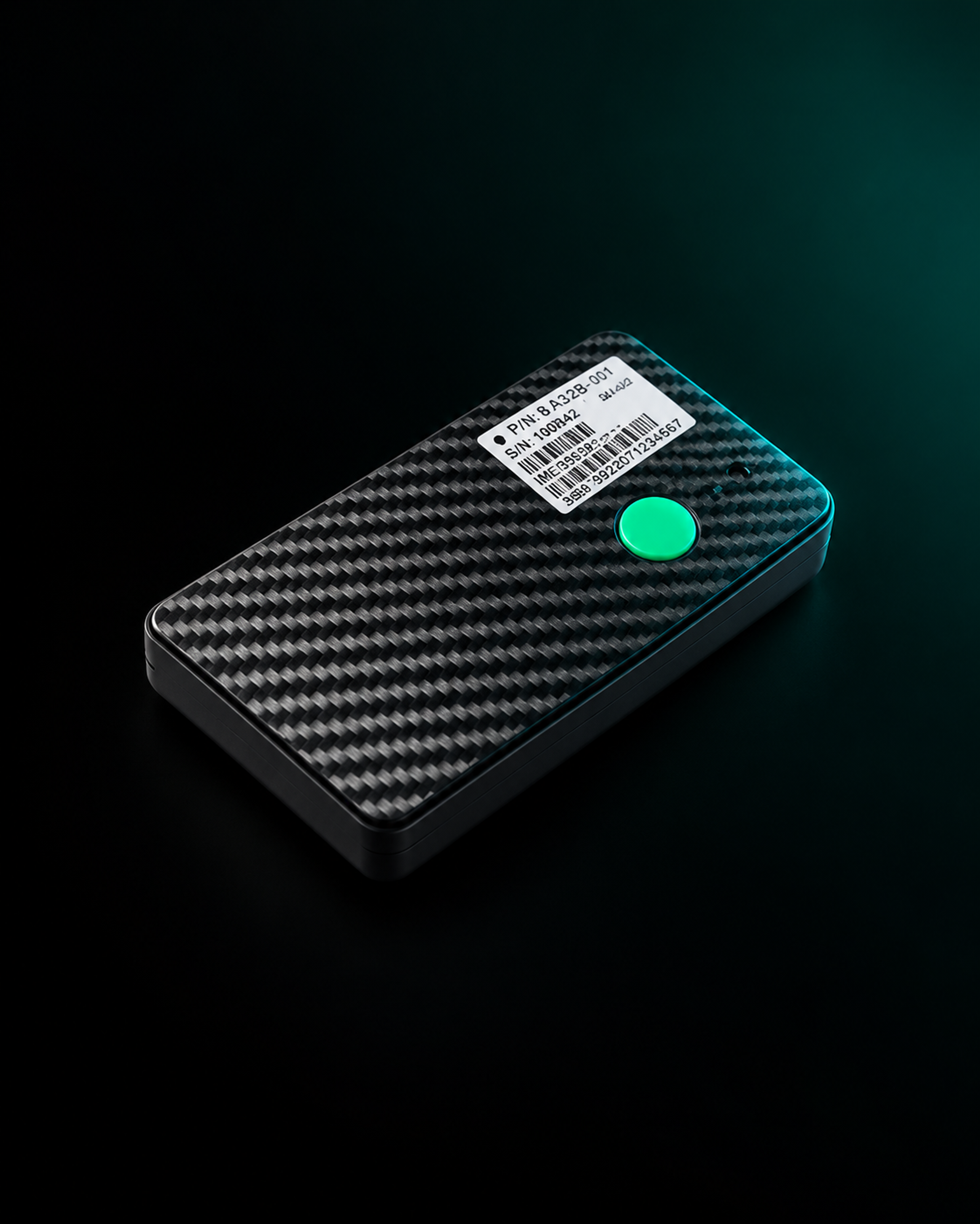 Asset tracker on a plain light ground, three-quarter view, product centred with air around it.