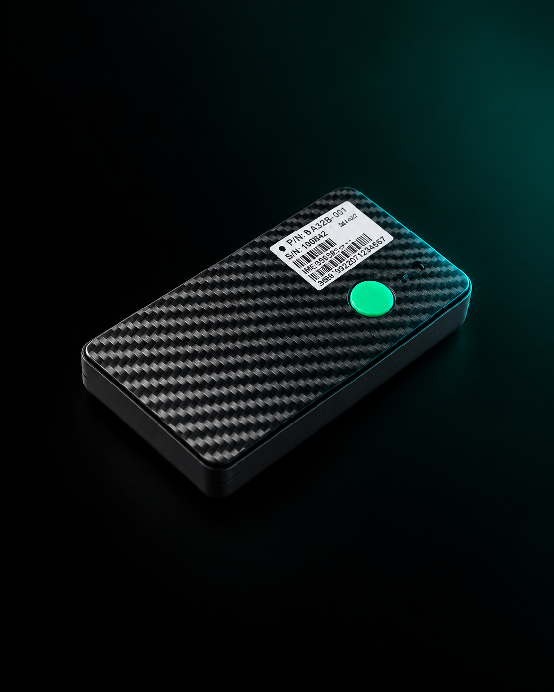 Asset tracker on a plain light ground, three-quarter view, product centred with air around it.