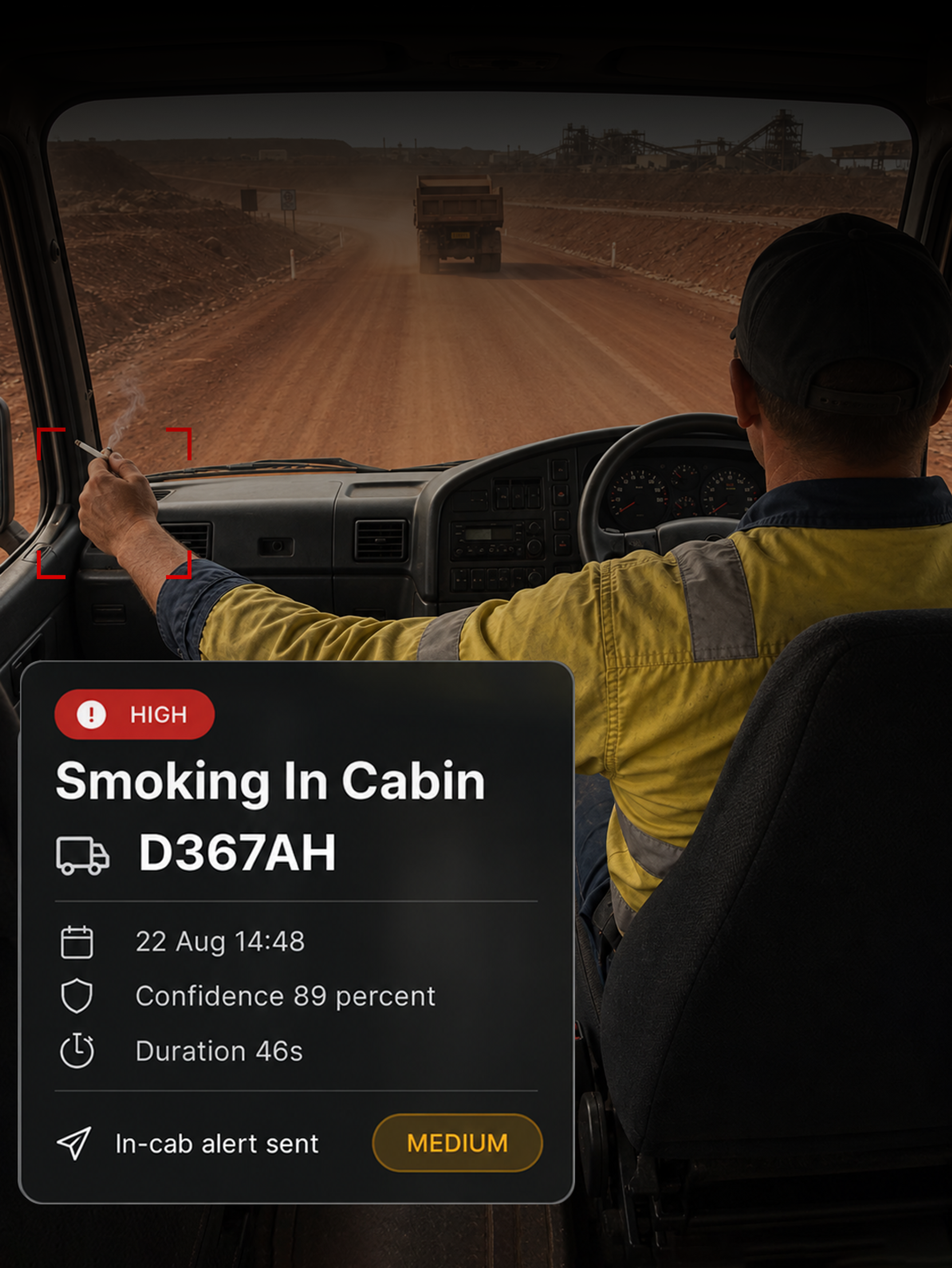 Photograph: a clean, empty truck cab interior in daylight. Portrait 3:4, dark and cool, room at the top for a heading, no text in the artwork.