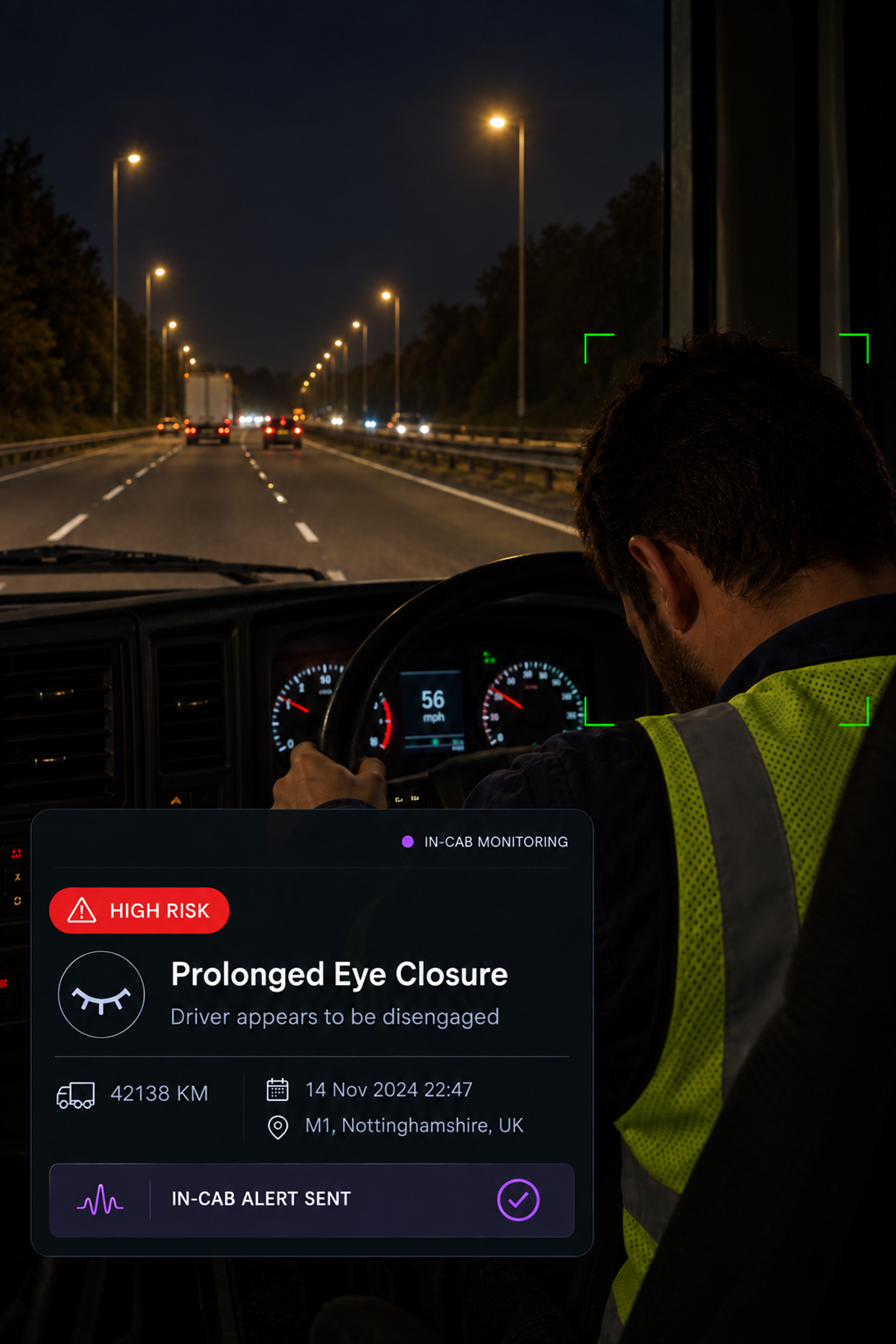 Photograph: a truck cab interior at night, the in-cab display lit, driver in frame from the side. Portrait 3:4, dark and cool, room at the top for a heading, no text in the artwork.