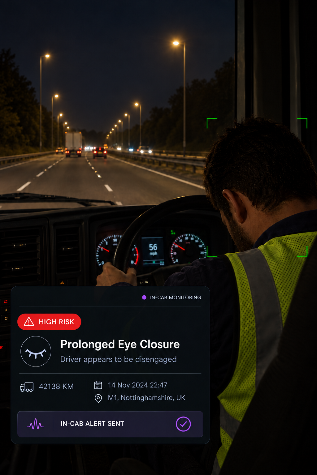 Photograph: a truck cab interior at night, the in-cab display lit, driver in frame from the side. Portrait 3:4, dark and cool, room at the top for a heading, no text in the artwork.