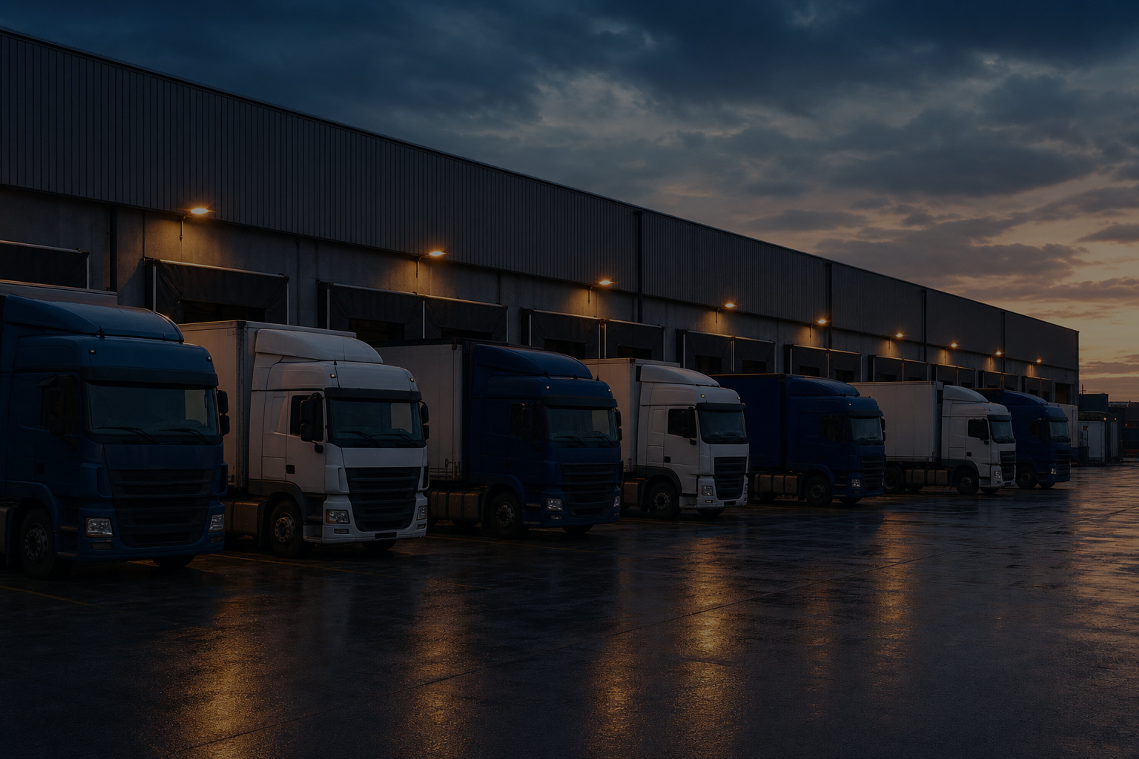 Full-bleed scene, edge to edge: a depot yard at first light, trucks backed into their bays, dark and cool so the headline and the accordion read over it. No text in the artwork. 2400x1400.