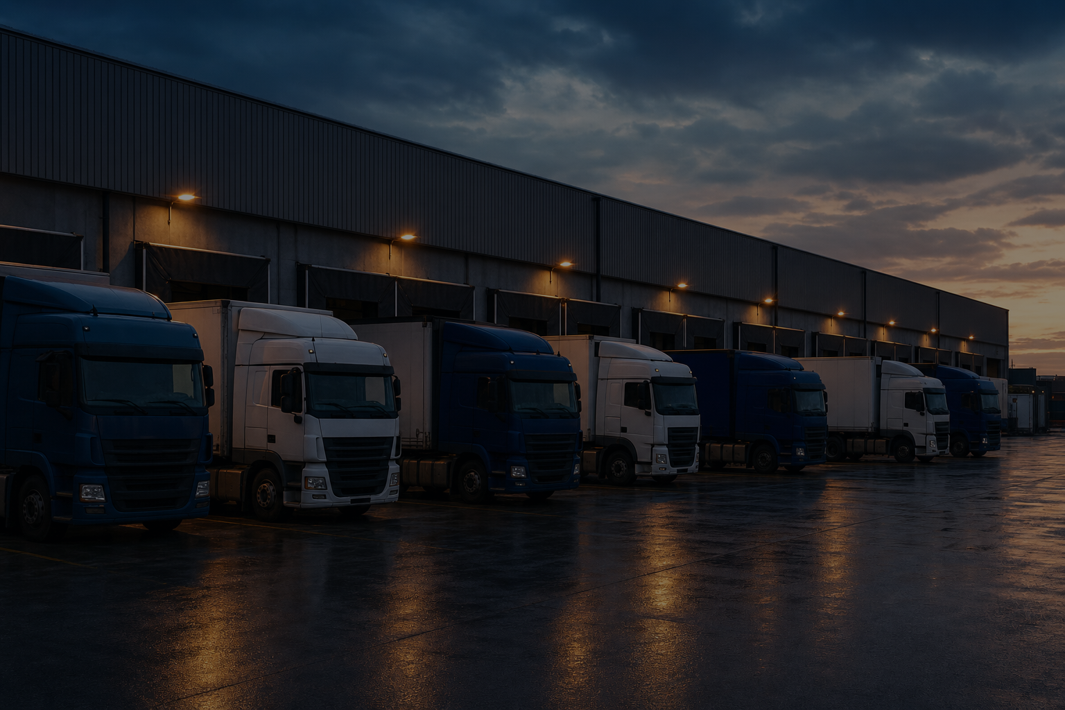 Full-bleed scene, edge to edge: a depot yard at first light, trucks backed into their bays, dark and cool so the headline and the accordion read over it. No text in the artwork. 2400x1400.