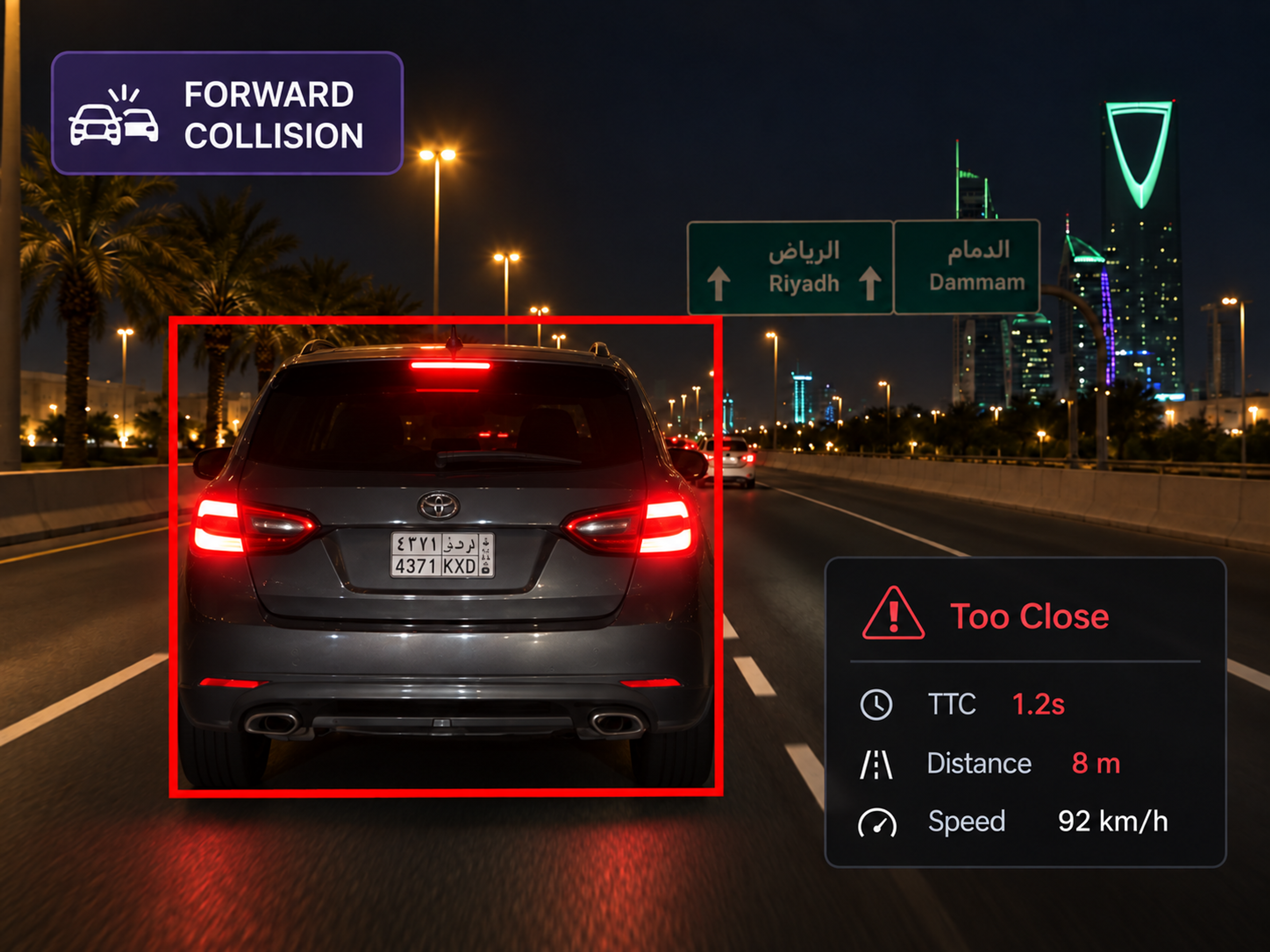Vision360 forward collision: road-facing frame with the following distance and time-to-collision readout.