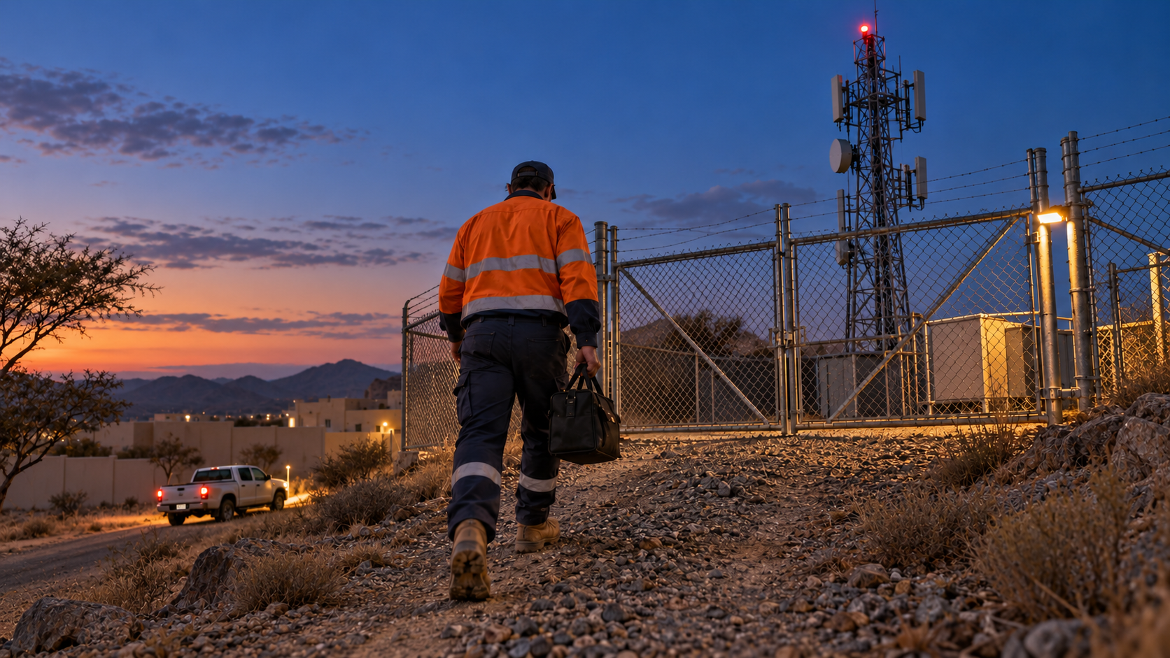 Editorial image: a technician at a remote site at dusk. No text in the artwork.