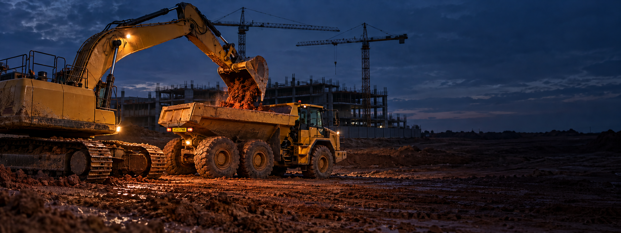 An excavator loading an articulated dump truck on an active earthworks site, cranes behind. No visible manufacturer badges. Dark and cool enough for a panel to sit over the right third. No text in the artwork. 2400x900.
