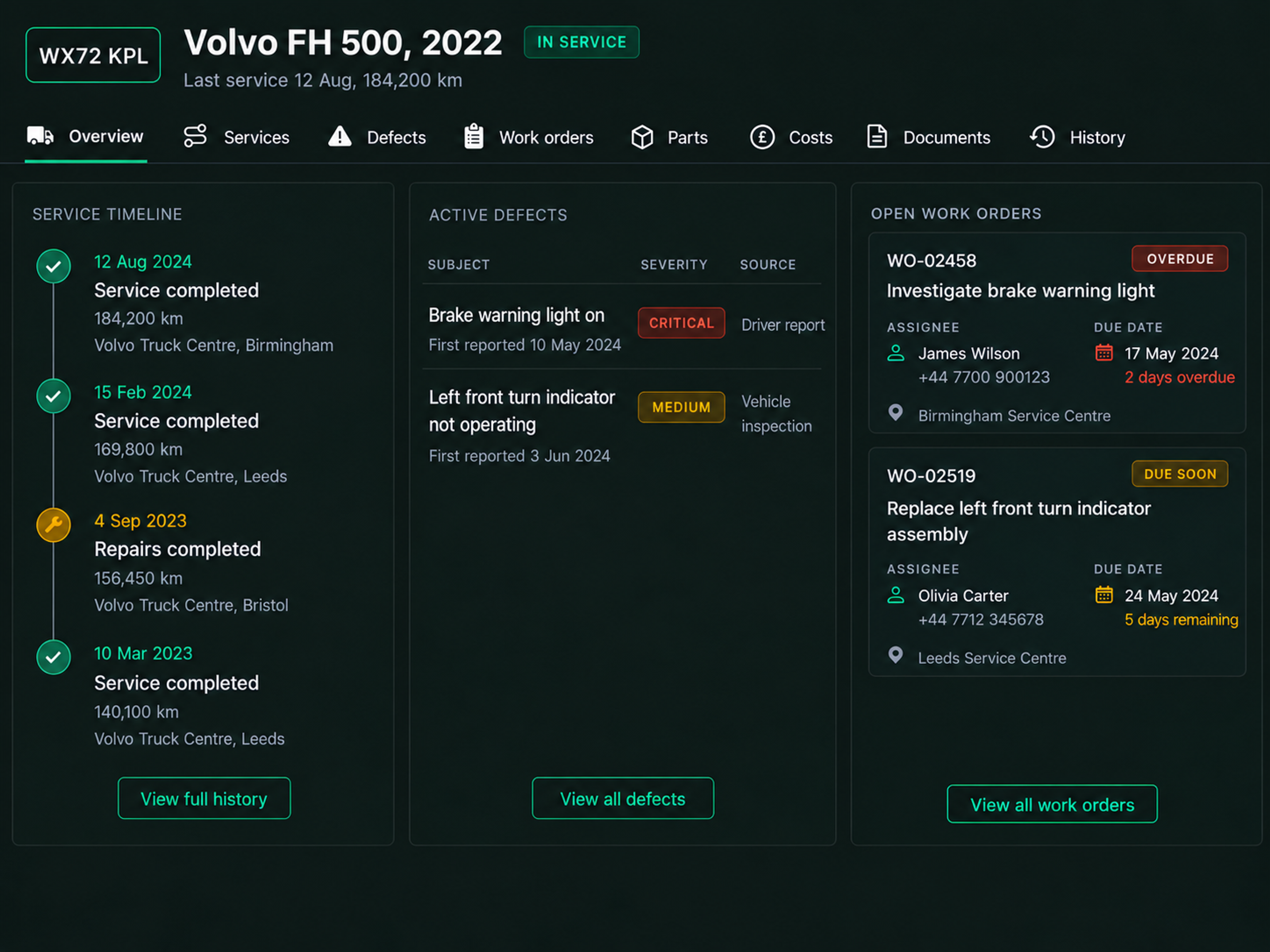 The Drive360 vehicle maintenance record: tabs for overview, services, defects, work orders, parts, costs, documents and history, with the service timeline, active defects and open work orders beside each other.
