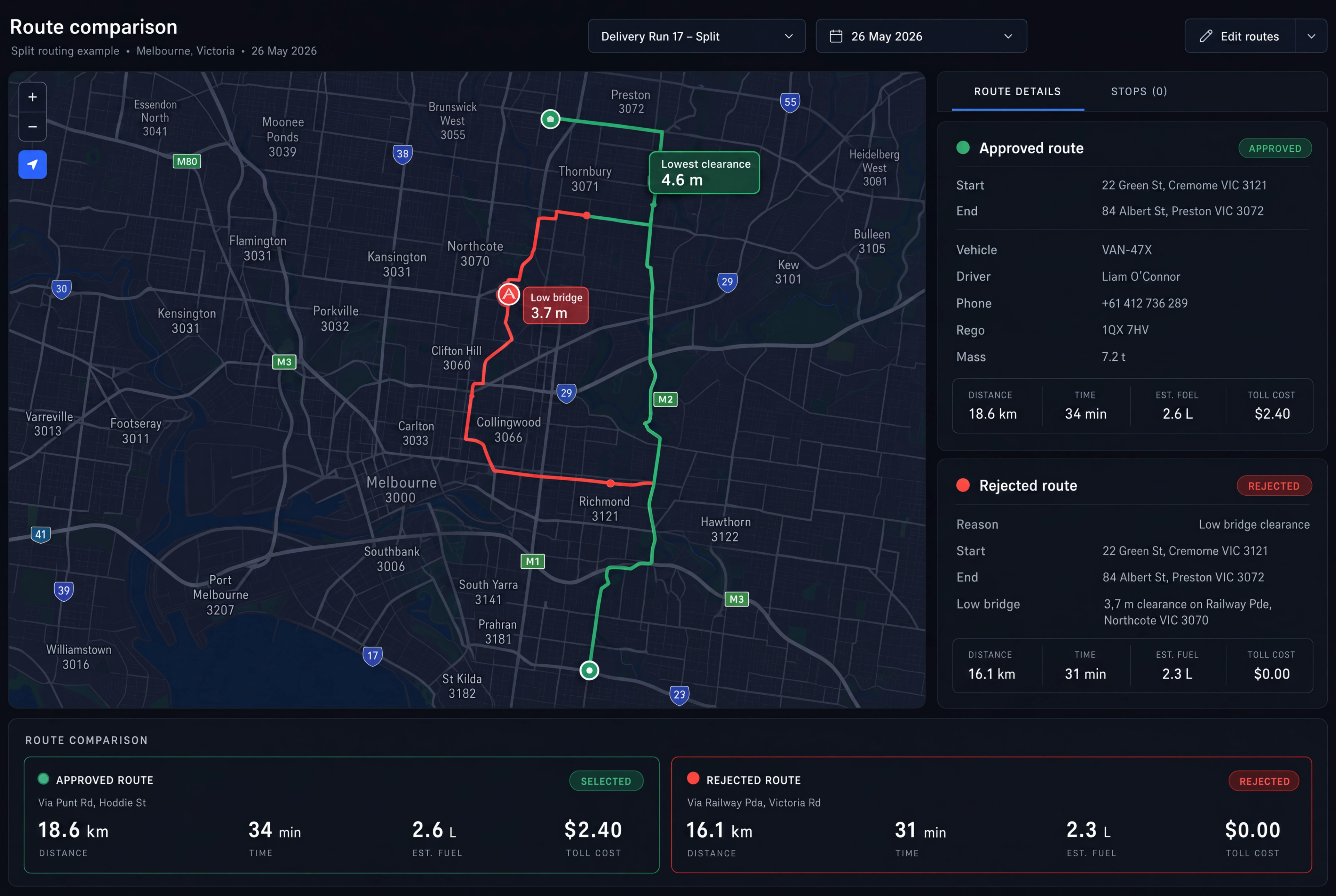 Routing example: the rejected route with its 3.7 m bridge against the approved route with its 4.6 m lowest clearance. 16:9, dark UI.