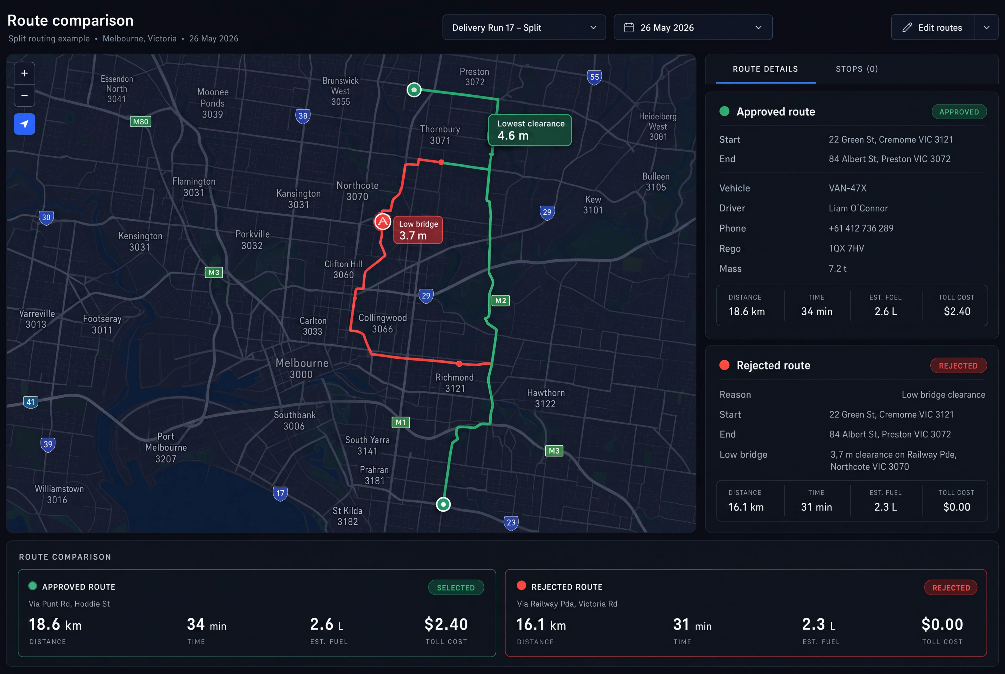Routing example: the rejected route with its 3.7 m bridge against the approved route with its 4.6 m lowest clearance. 16:9, dark UI.