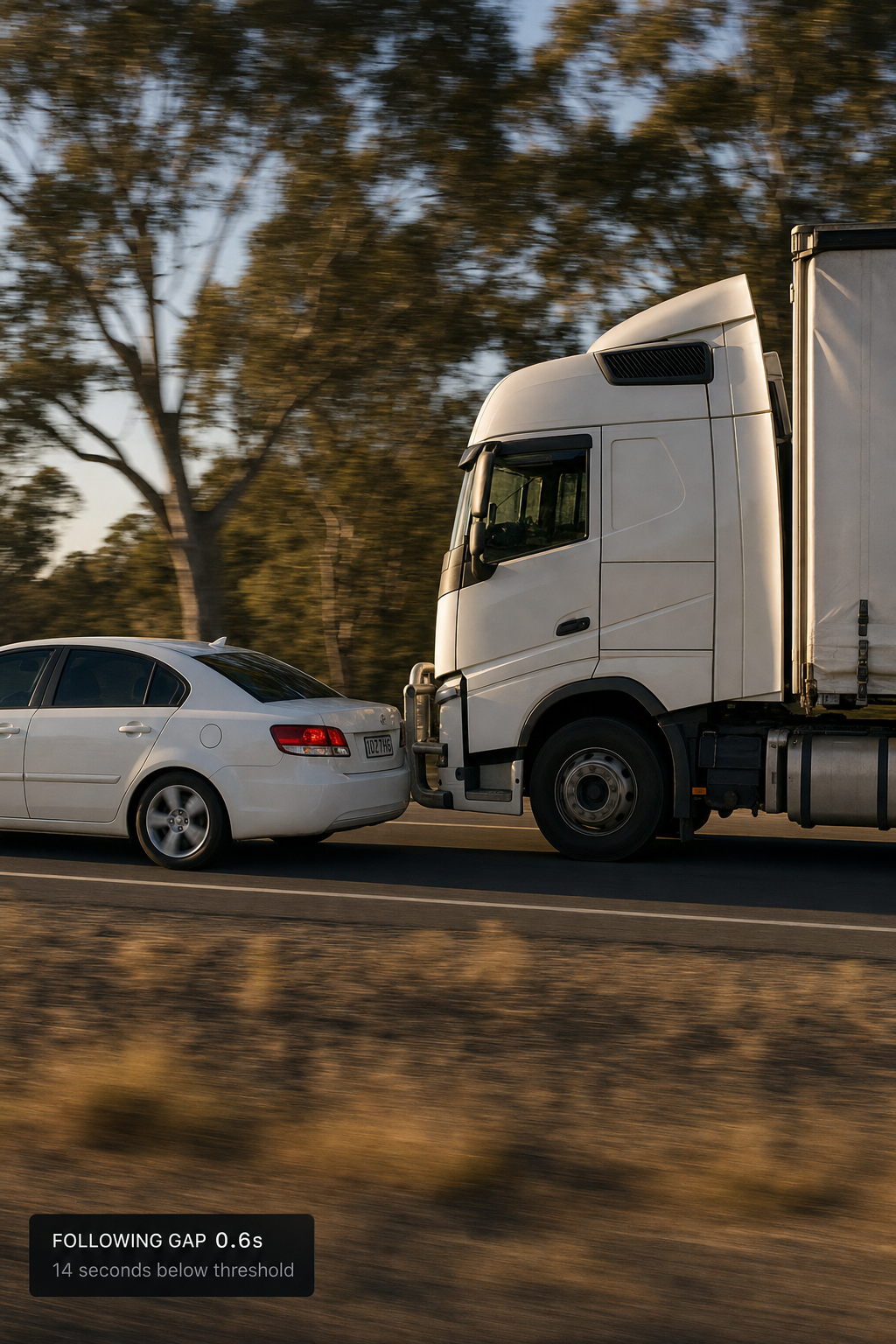 Photograph: motorway traffic from a truck's road-facing viewpoint, a vehicle close ahead. Portrait 3:4, dark and cool, room at the top for a heading, no text in the artwork.