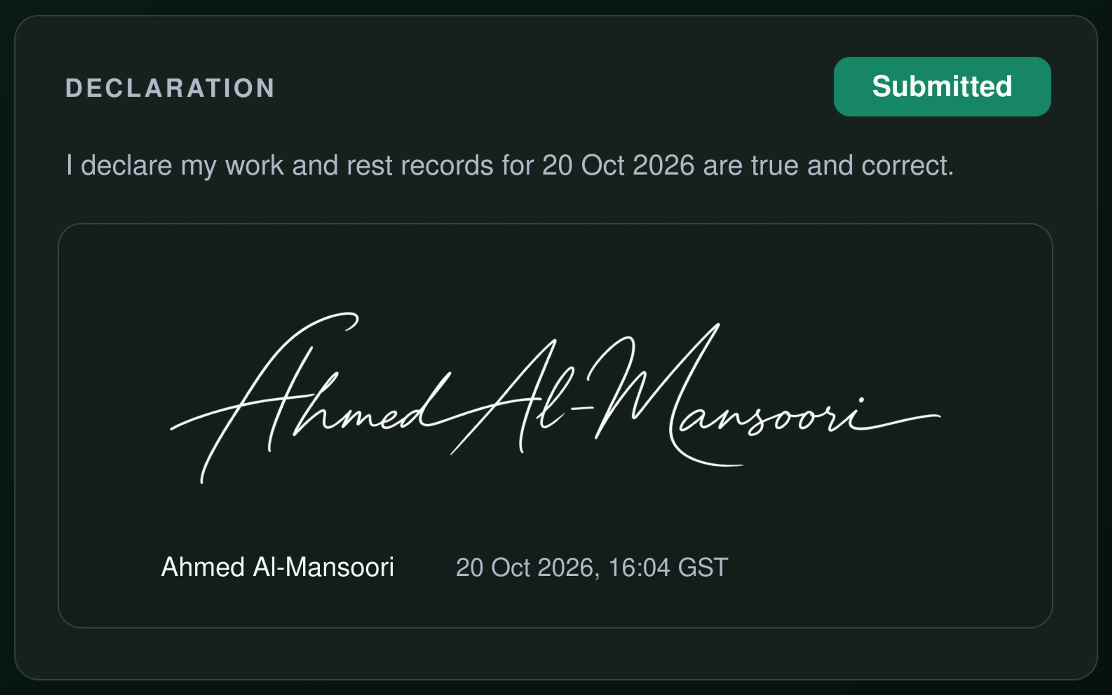 Drive360 EWD declaration screen with the driver's signature