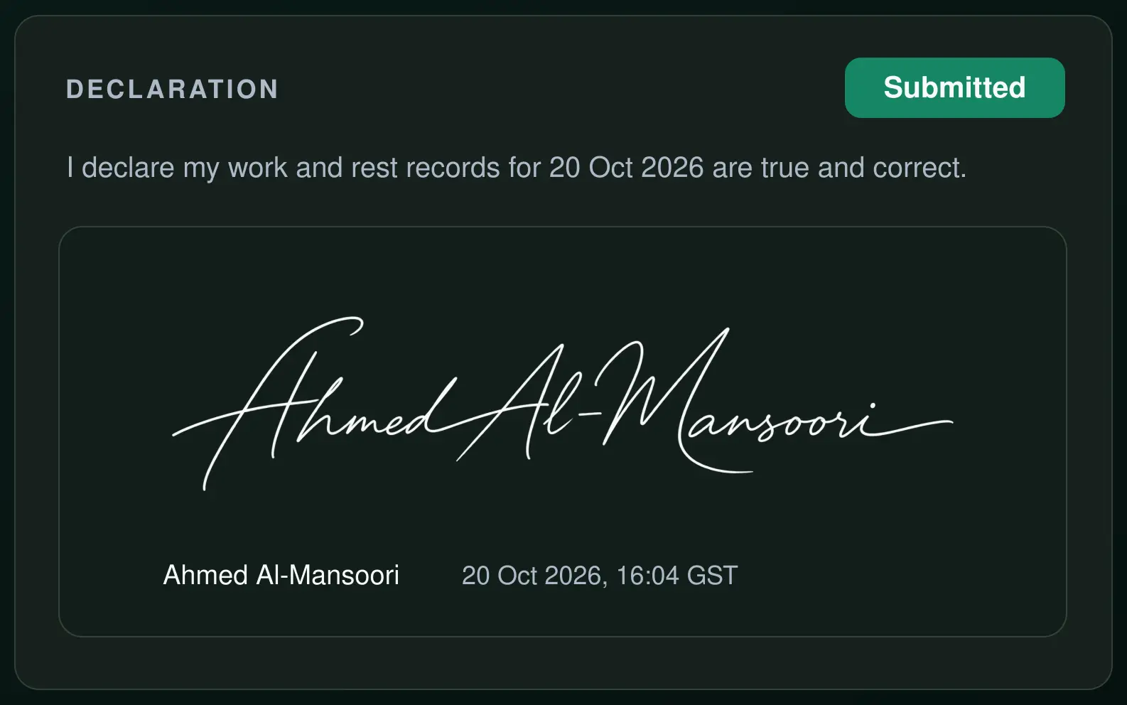 Drive360 EWD declaration screen with the driver's signature
