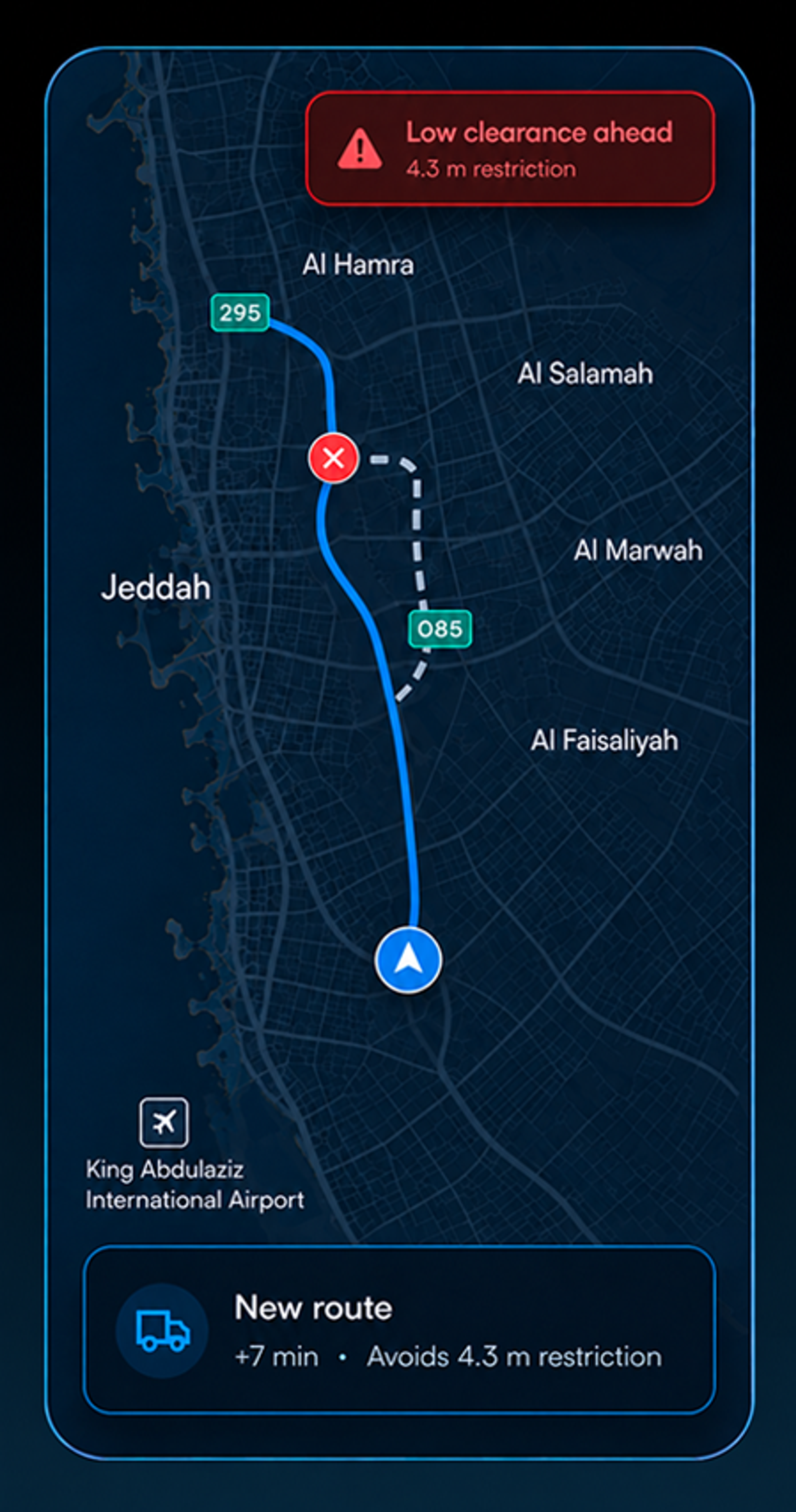 Driver app on a commercial route: a low-clearance warning banner 300 m ahead over the map, with the commercial route summary and speed limit below. Portrait handset, 9:17 crop.