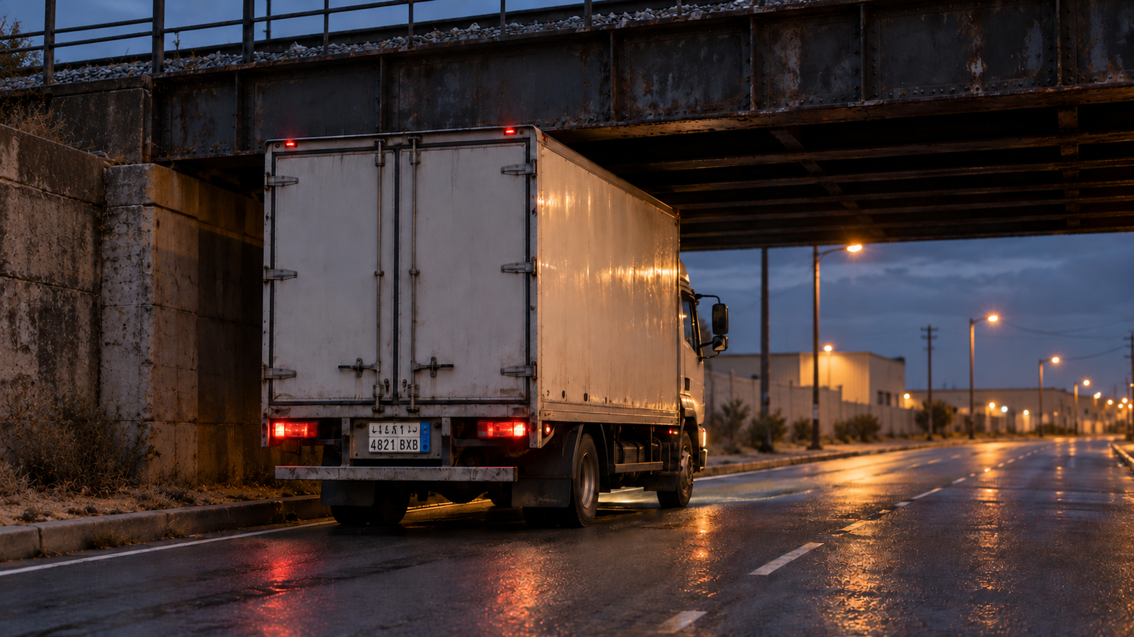 Editorial image: a low bridge on a freight route at dusk. No text in the artwork.