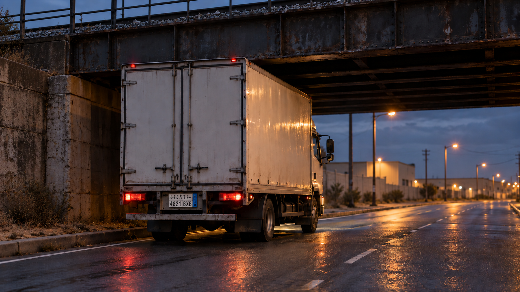 Editorial image: a low bridge on a freight route at dusk. No text in the artwork.