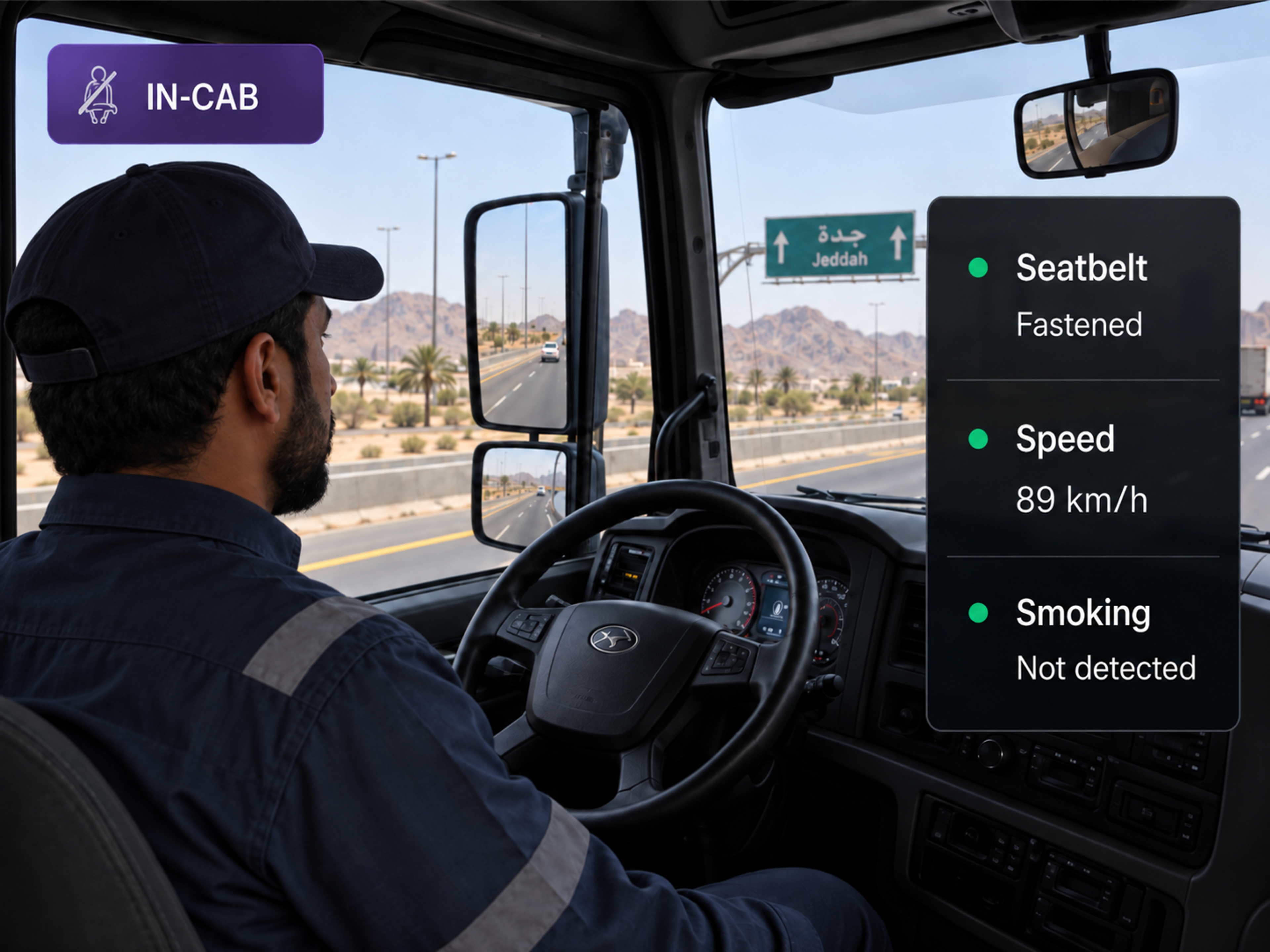 Vision360 in-cab detection: driver-facing frame with the seatbelt and speed state shown.