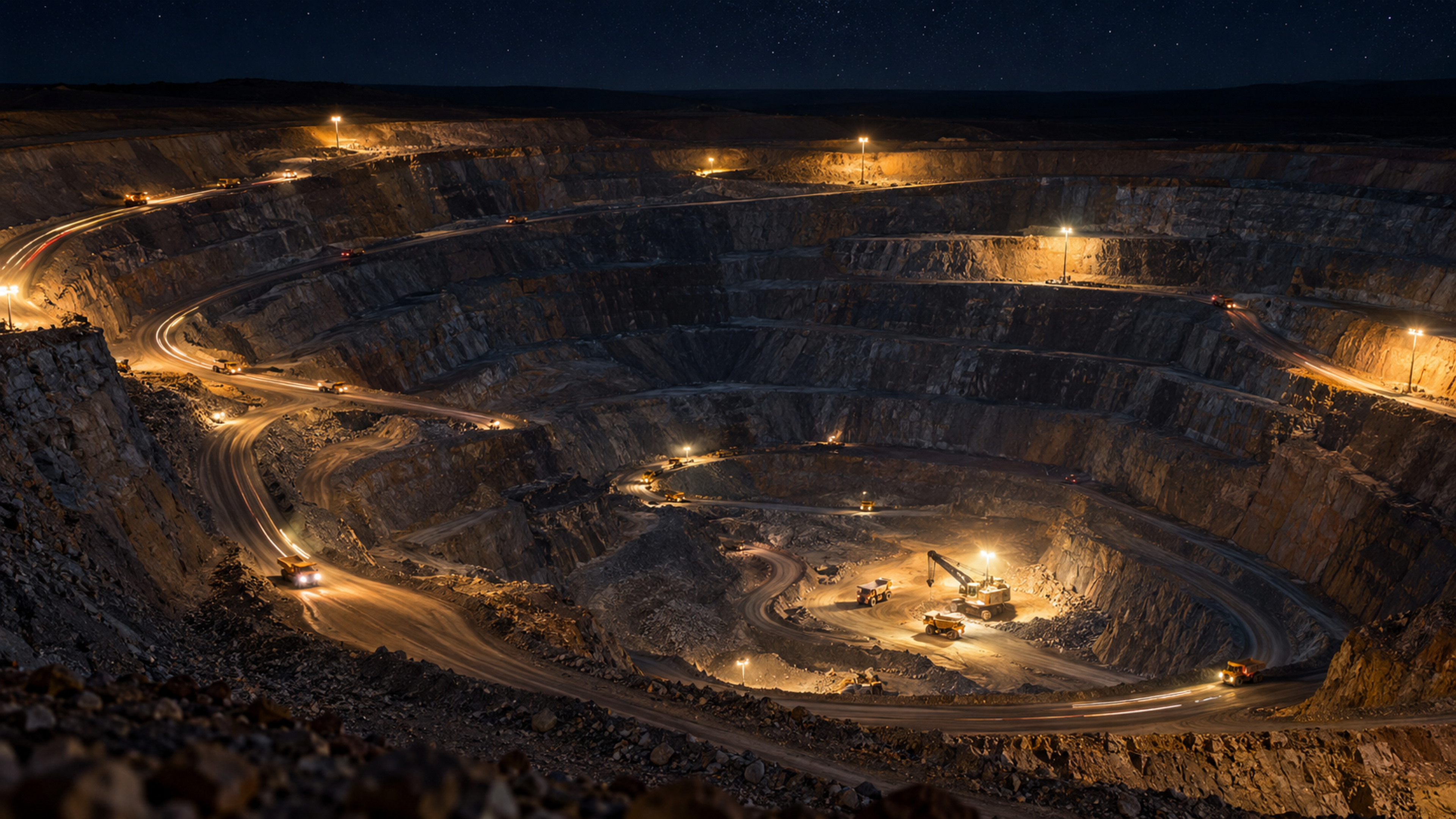 Editorial image: a lit pit at night from height. No text in the artwork.