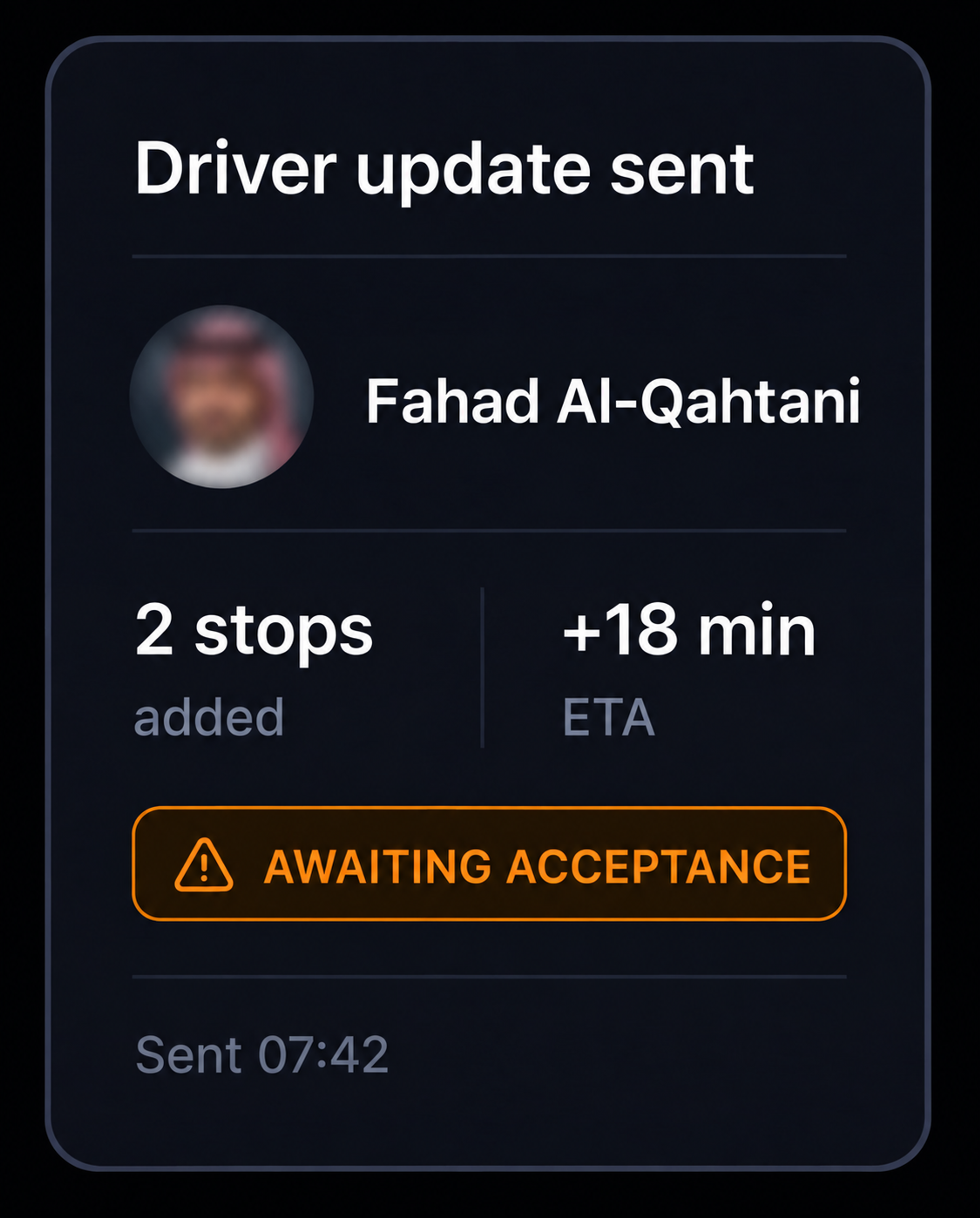 Driver update sent, awaiting acceptance. 4:3, dark UI.