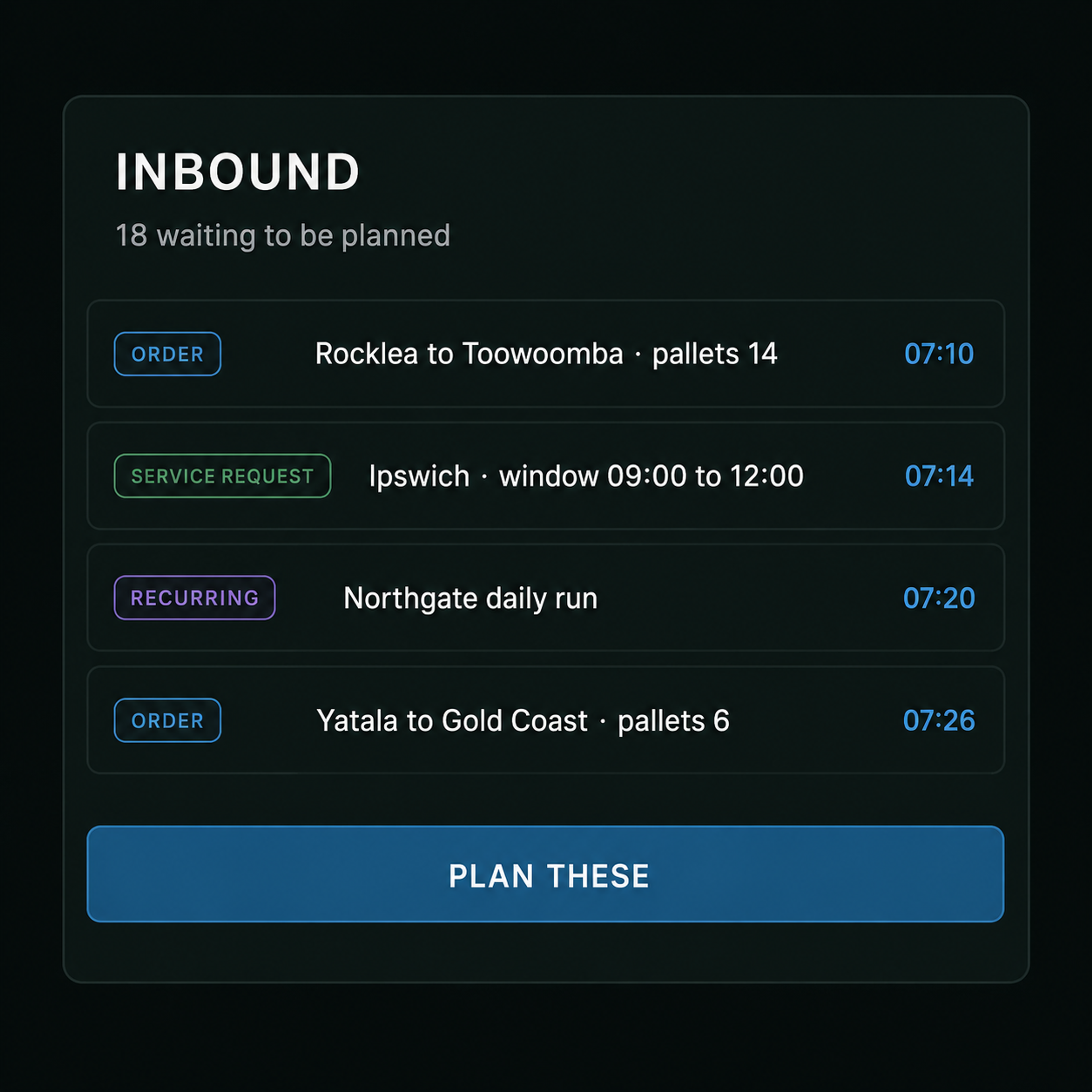 Inbound work list: orders and service requests waiting to be planned.