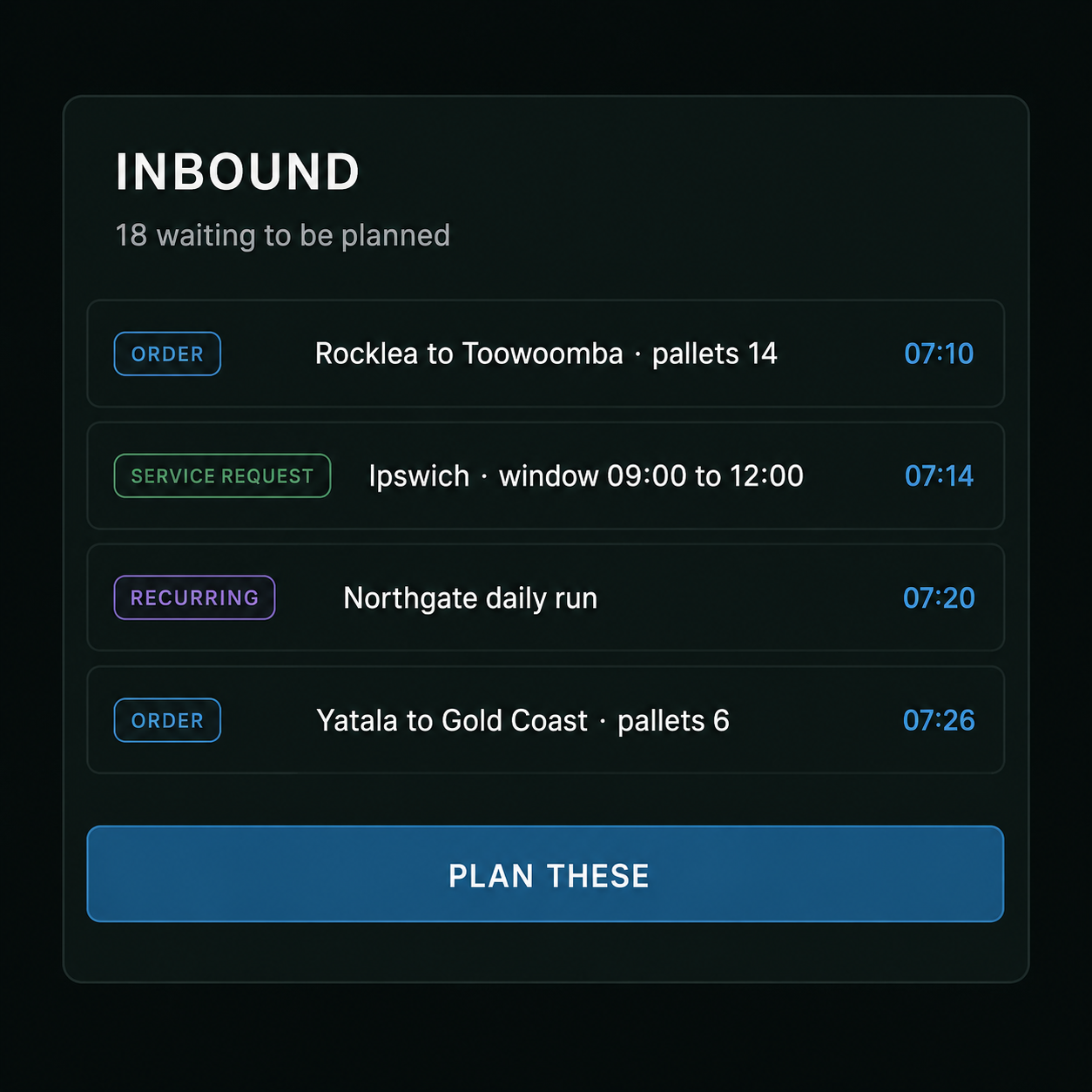 Inbound work list: orders and service requests waiting to be planned.