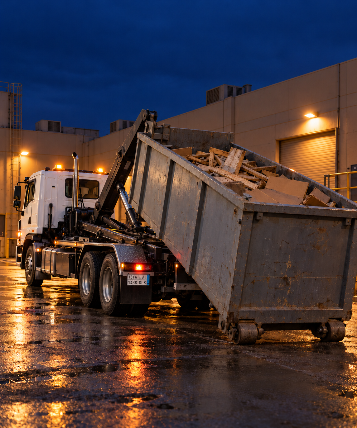 Photograph: a hook-lift truck at a commercial site at dusk. Dark and cool, room at the top, no text in the artwork.