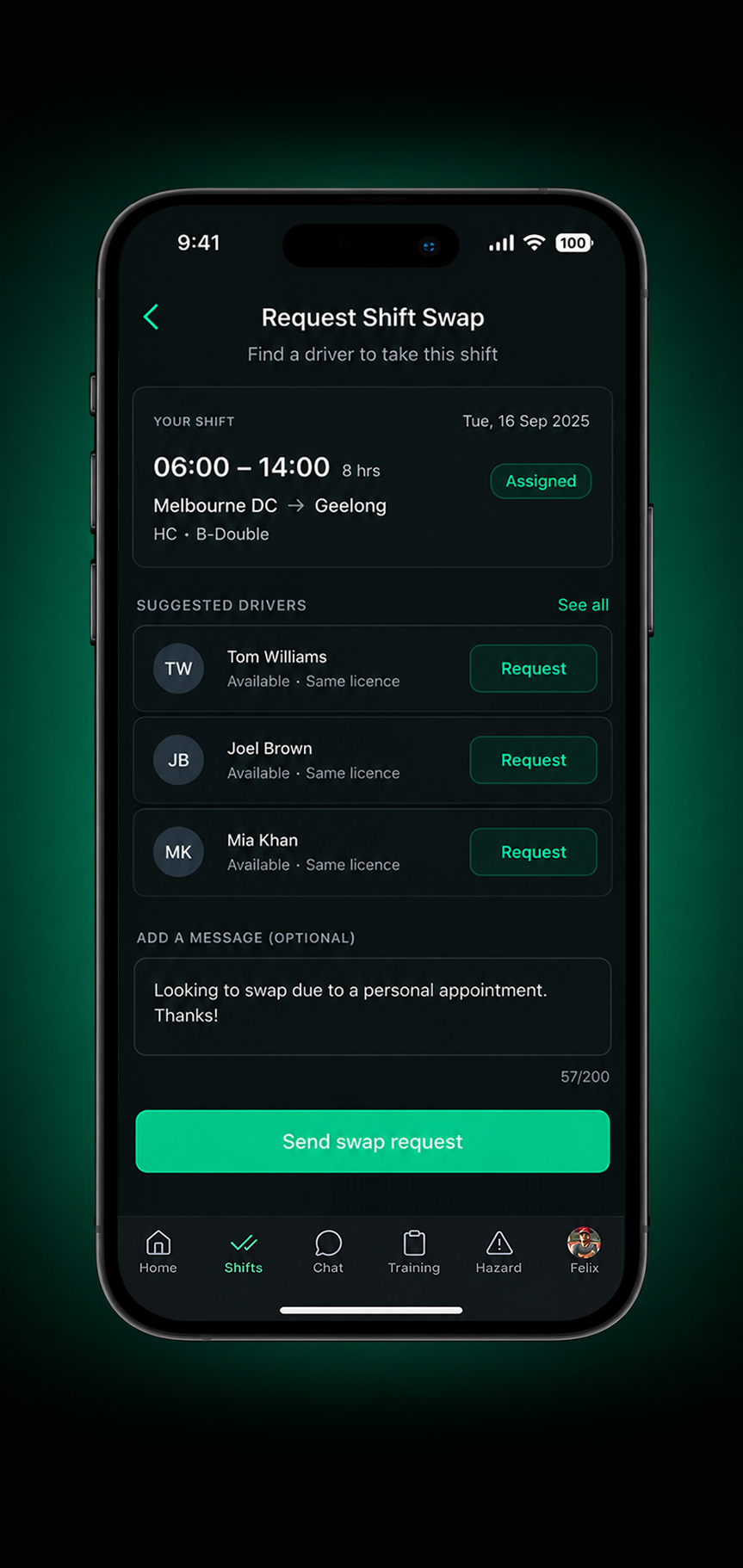 Drive360 app: swap request with reason and requested cover