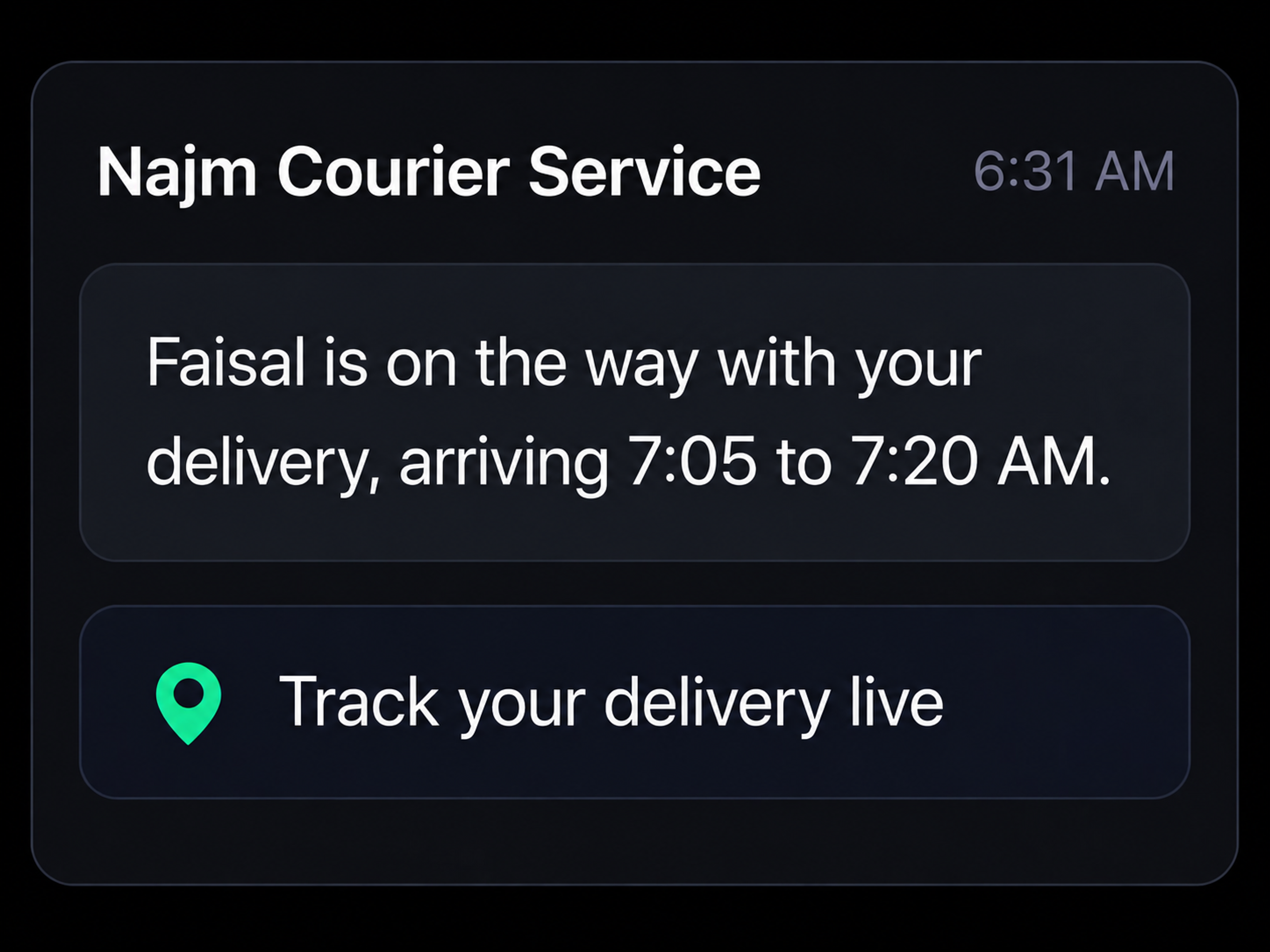 Driver on the way message with tracking link. 4:3.