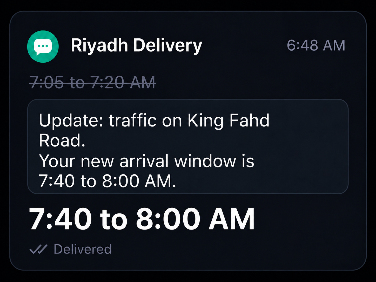 ETA update message with the new window. 4:3.
