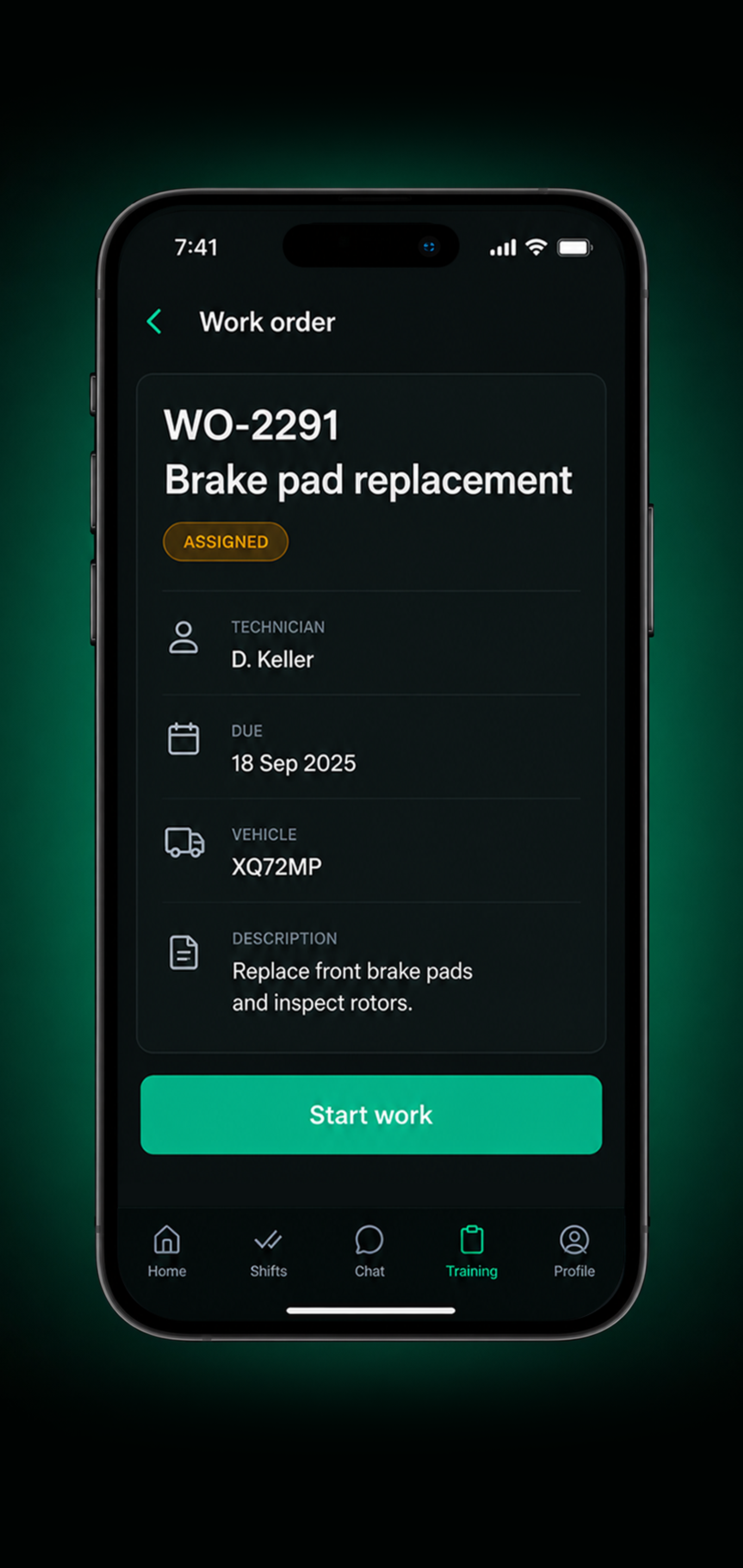 Drive360 app: work order assigned to a technician
