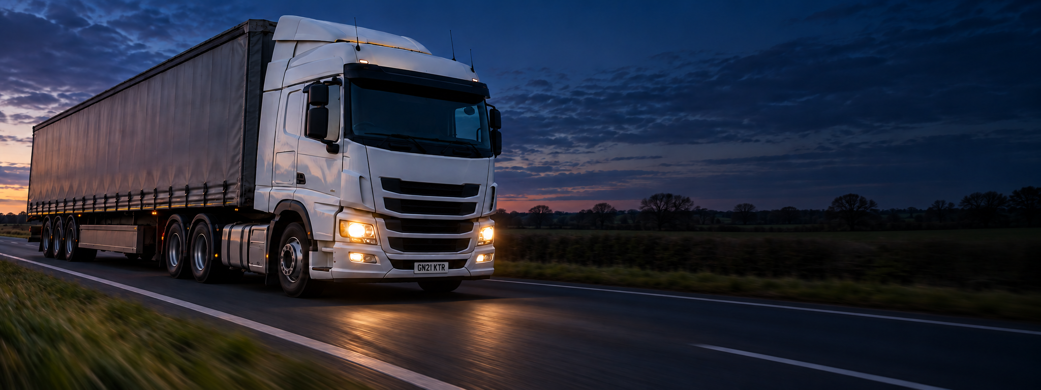 A curtain-sider on a highway at speed, shot from the front three-quarter with motion blur behind. Dark and cool enough for a panel to sit over the right third. No text in the artwork. 2400x900.