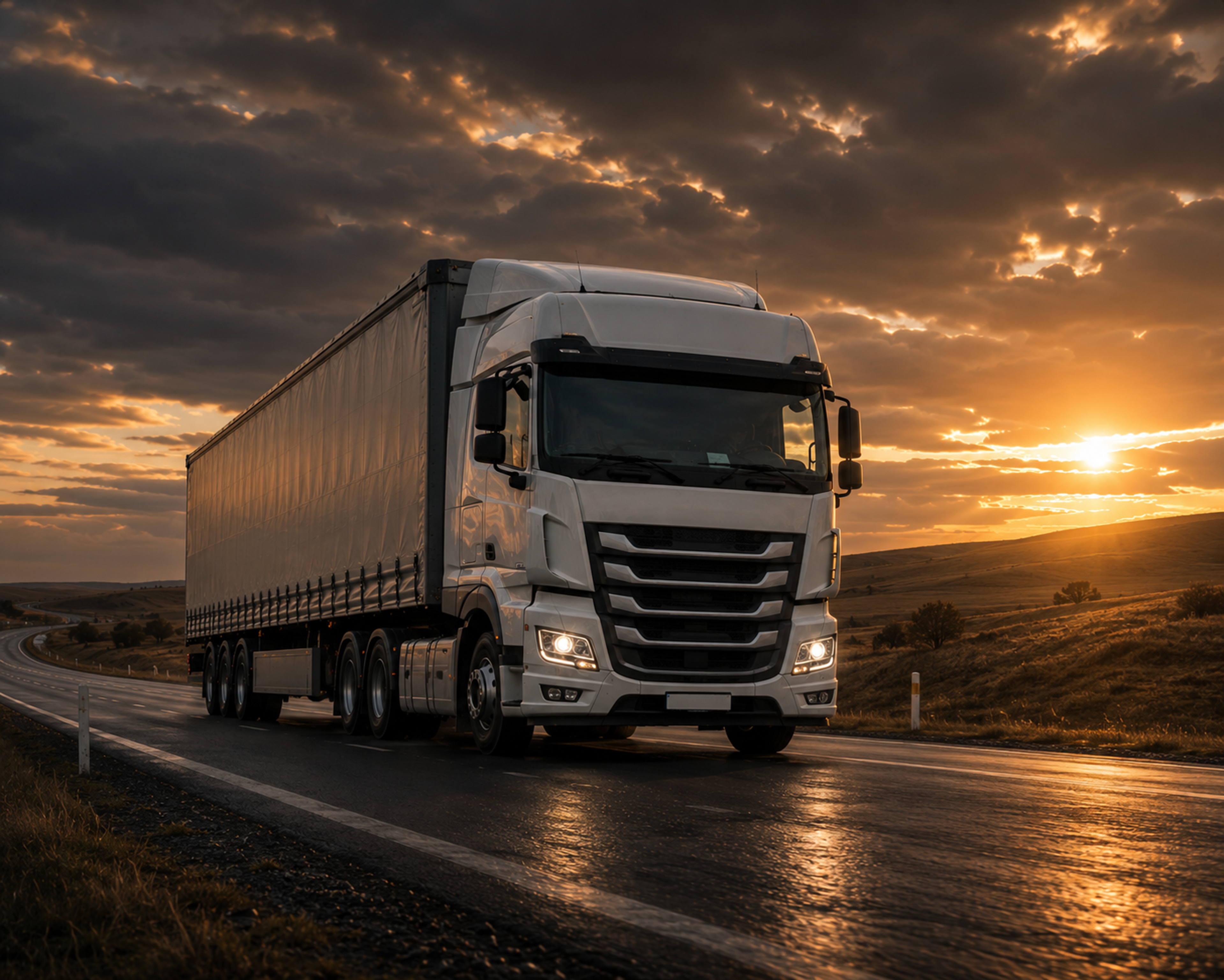 Line-haul semi-trailer on the highway at golden hour