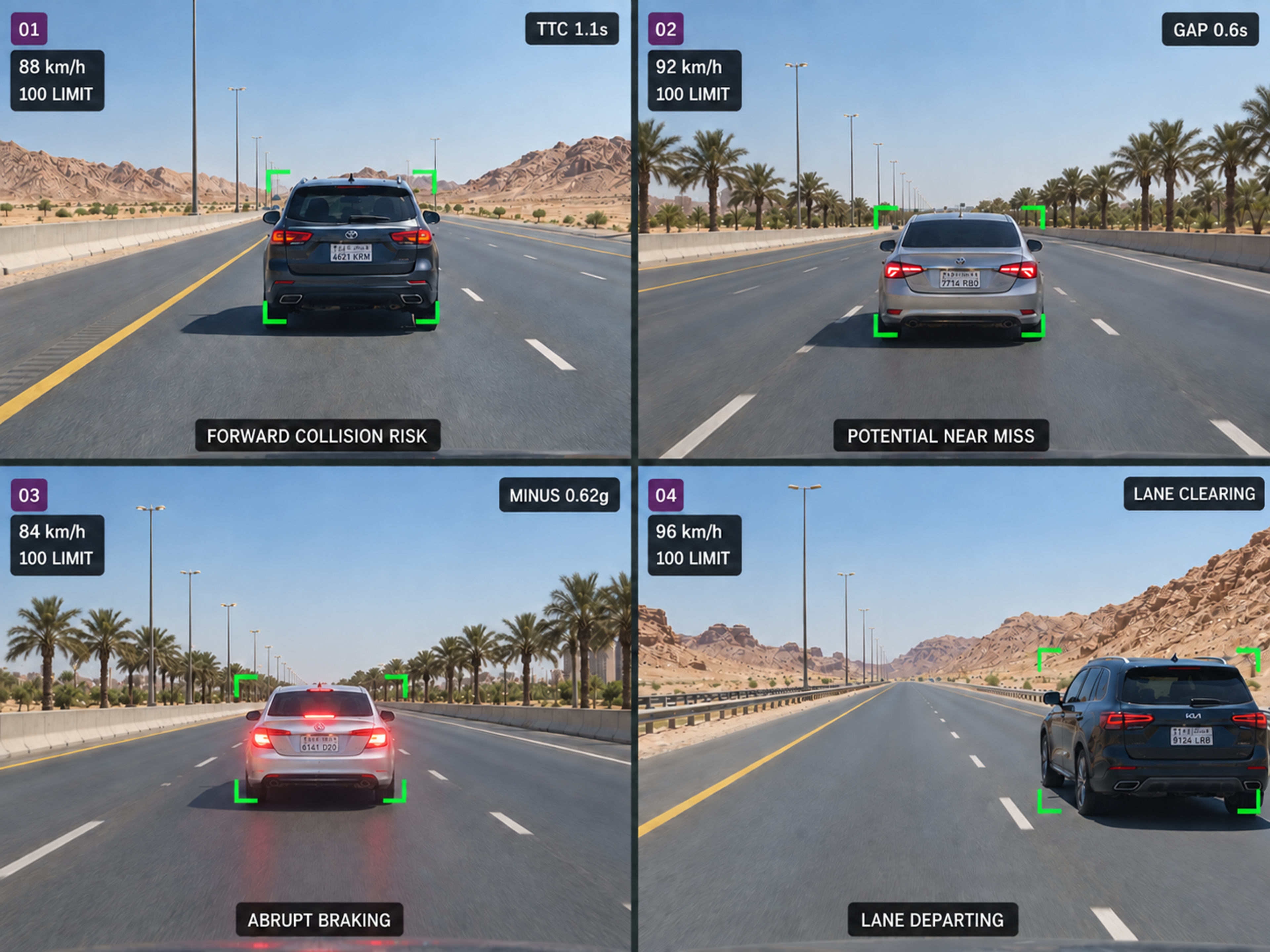 The four supported forward-road events as road-facing camera stills: collision risk with the lead vehicle boxed, a near-miss with two vehicles boxed, an abrupt braking event, and a lead vehicle clearing the lane. 4:3, dark UI.