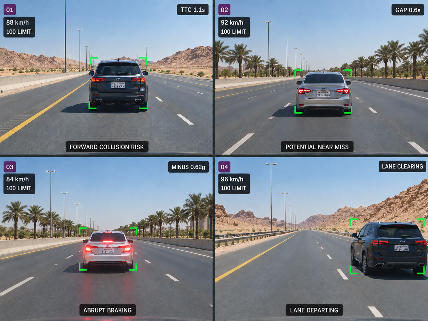 The four supported forward-road events as road-facing camera stills: collision risk with the lead vehicle boxed, a near-miss with two vehicles boxed, an abrupt braking event, and a lead vehicle clearing the lane. 4:3, dark UI.
