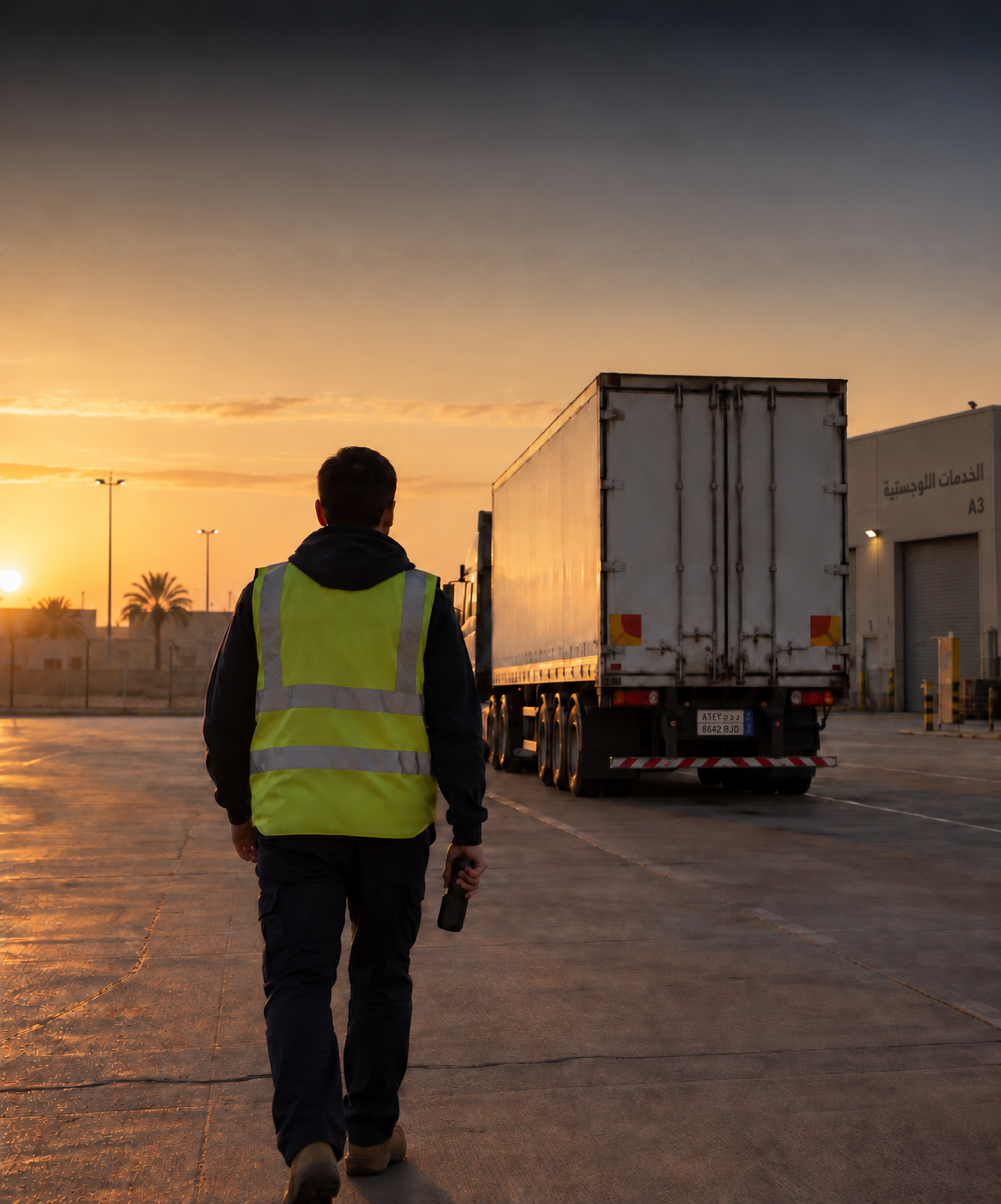 Photograph: a driver walking to the vehicle at dawn with a handset. Dark and cool, room at the top, no text in the artwork.
