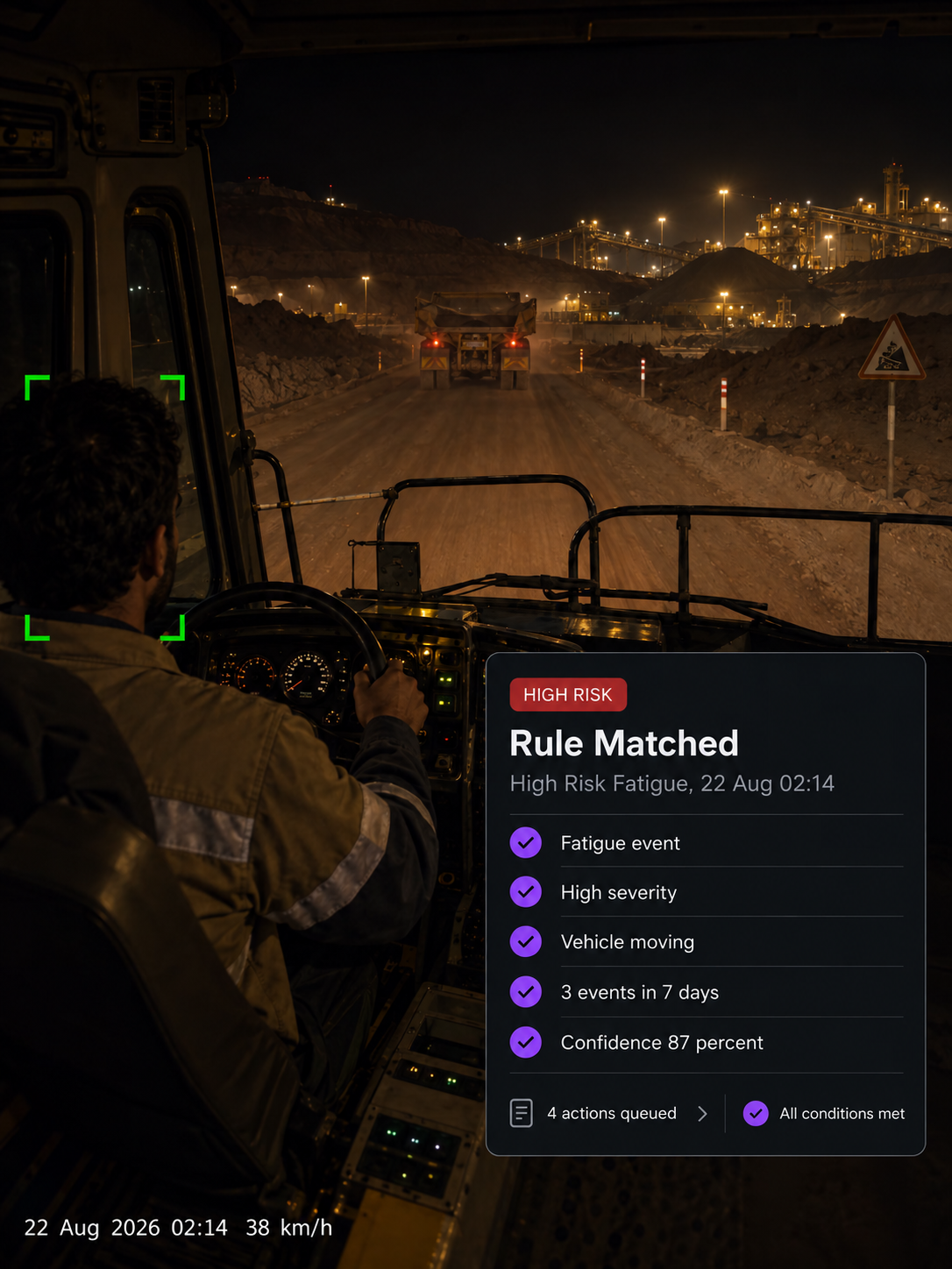 Photograph: a truck on a highway at night, headlights on. Portrait 3:4, dark and cool, room at the top for a heading, no text in the artwork.