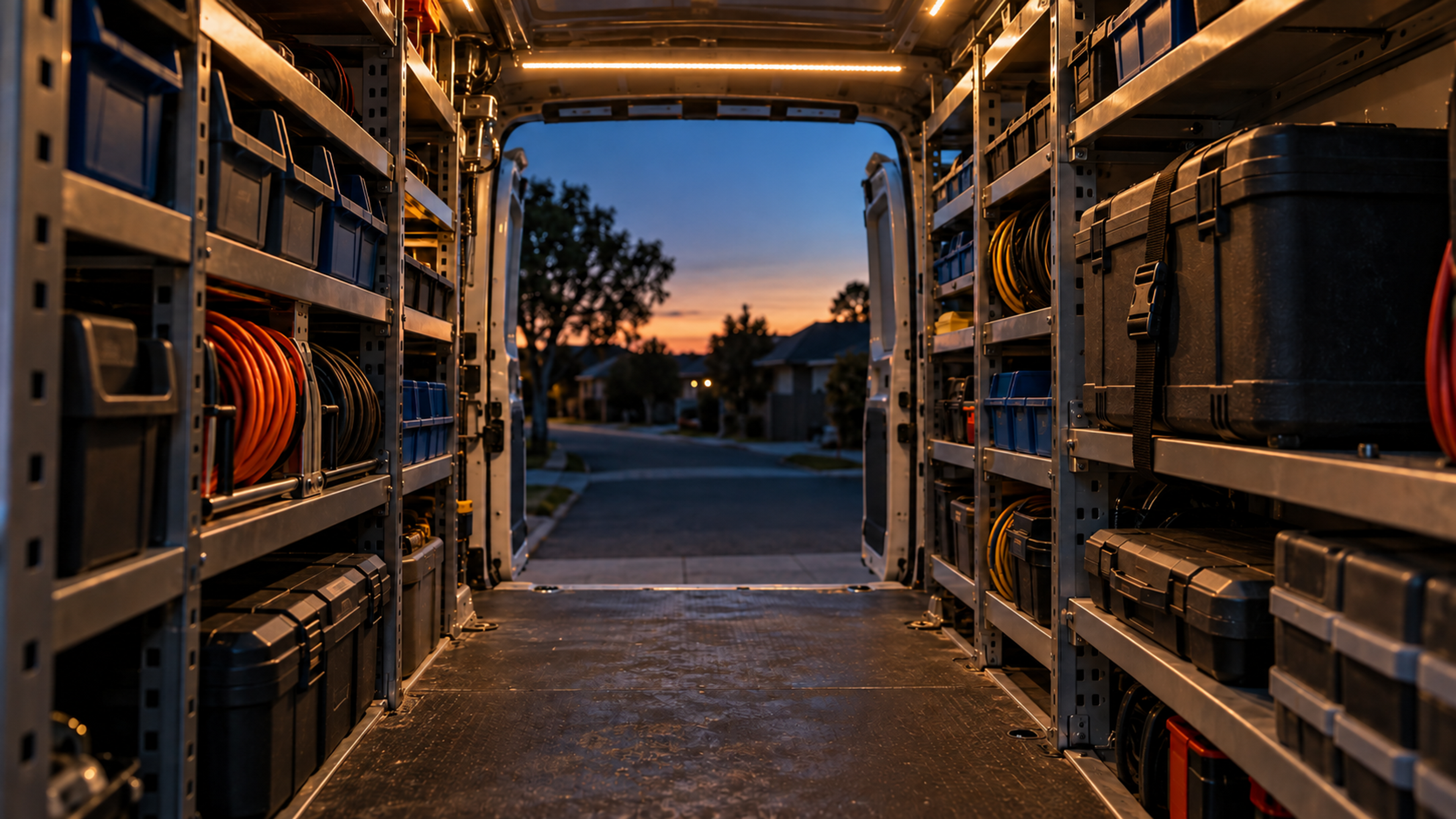 Editorial image: a technician's van interior with tools and parts. No text in the artwork.