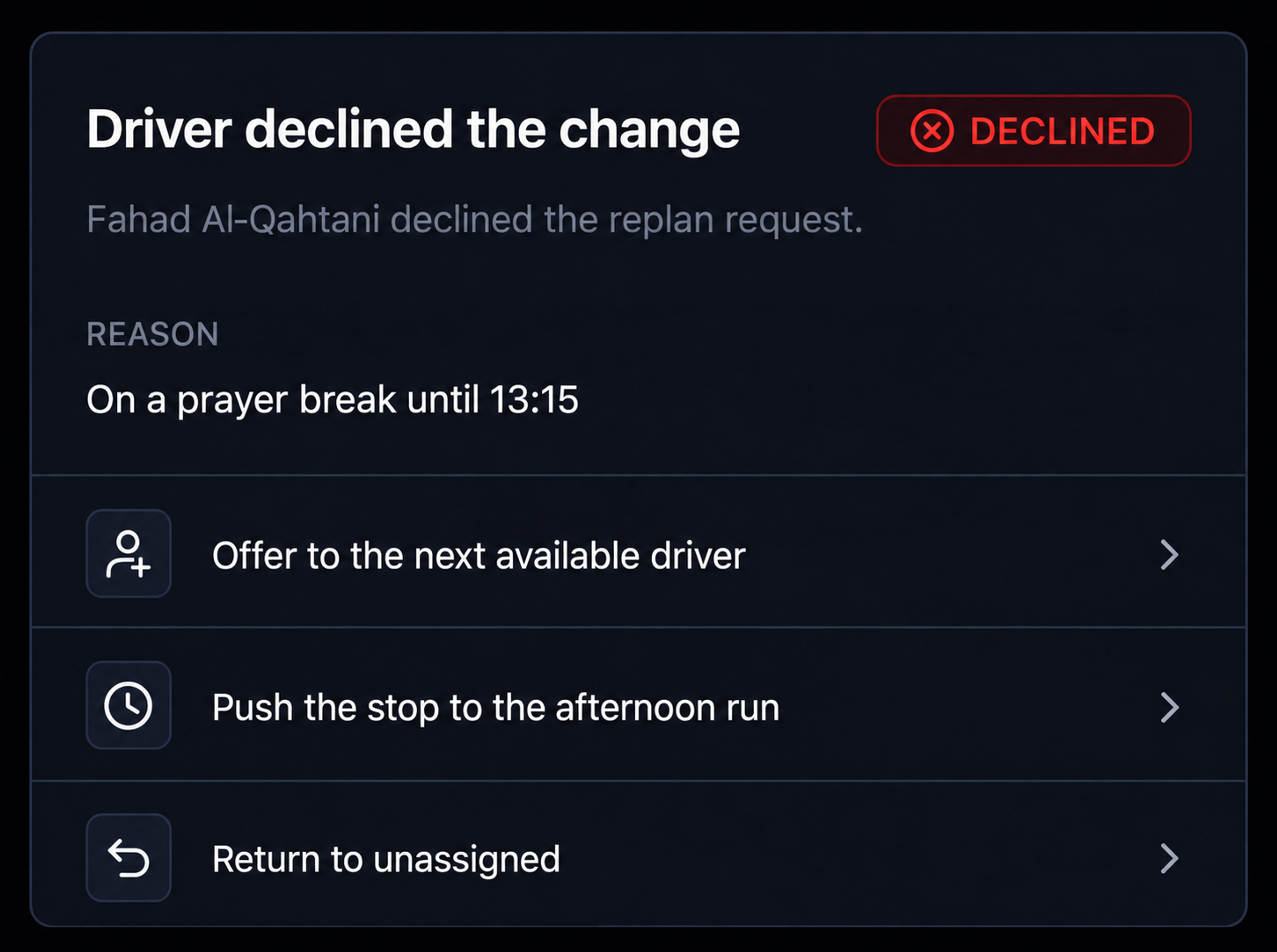 Driver declined flow with the alternative options. 4:3, dark UI.